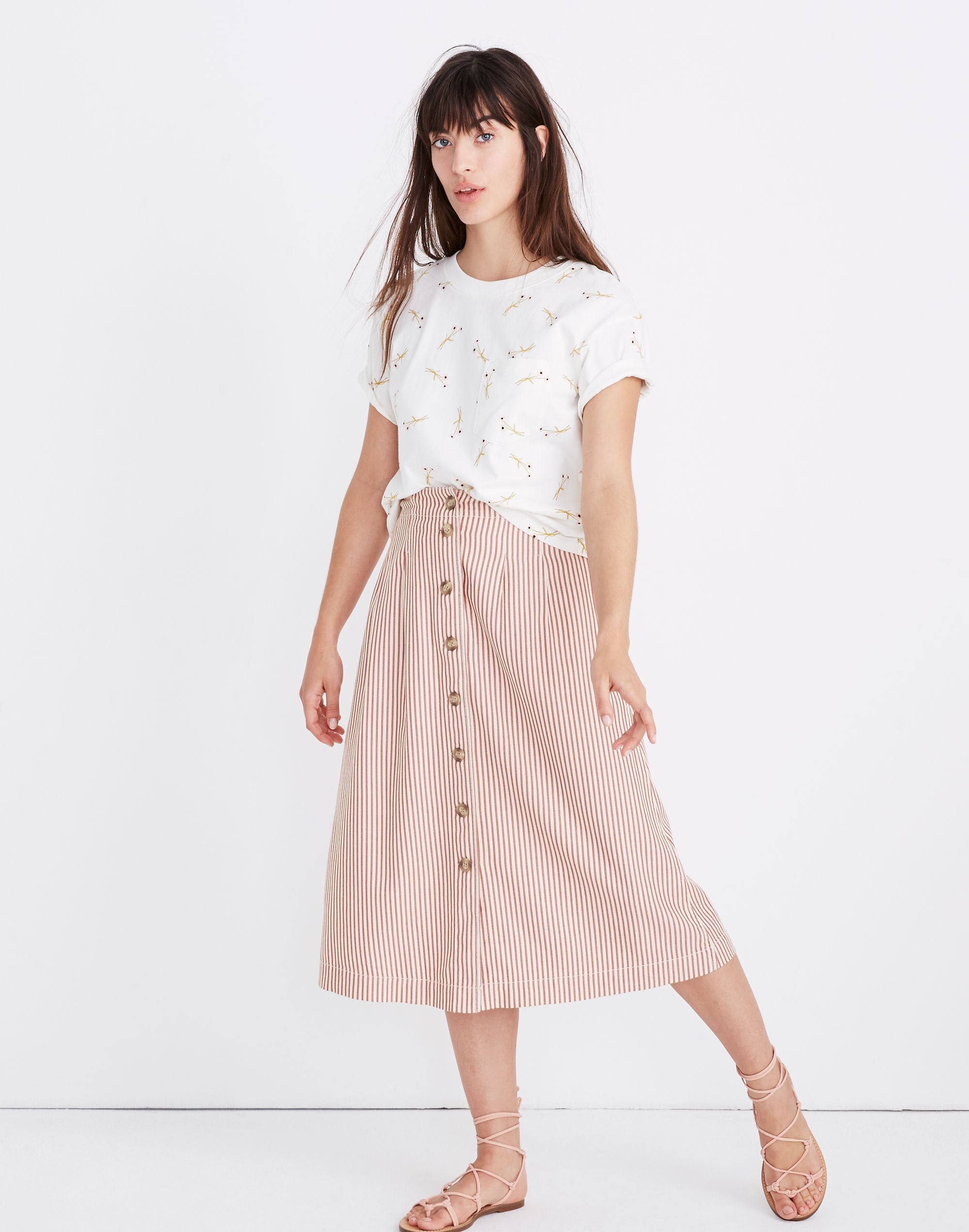 Patio Button-Front Midi Skirt in Clay Stripe