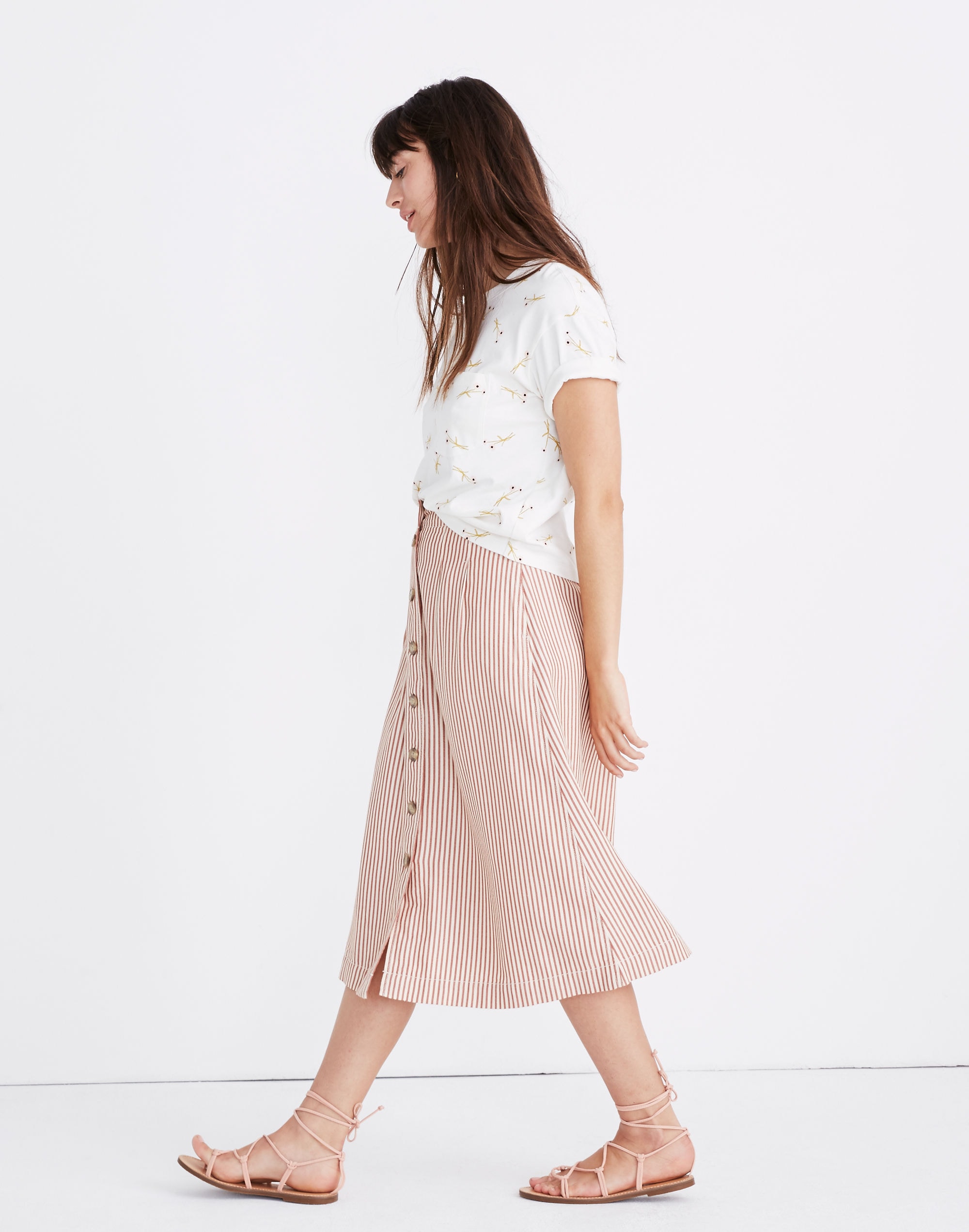 Patio Button-Front Midi Skirt in Clay Stripe