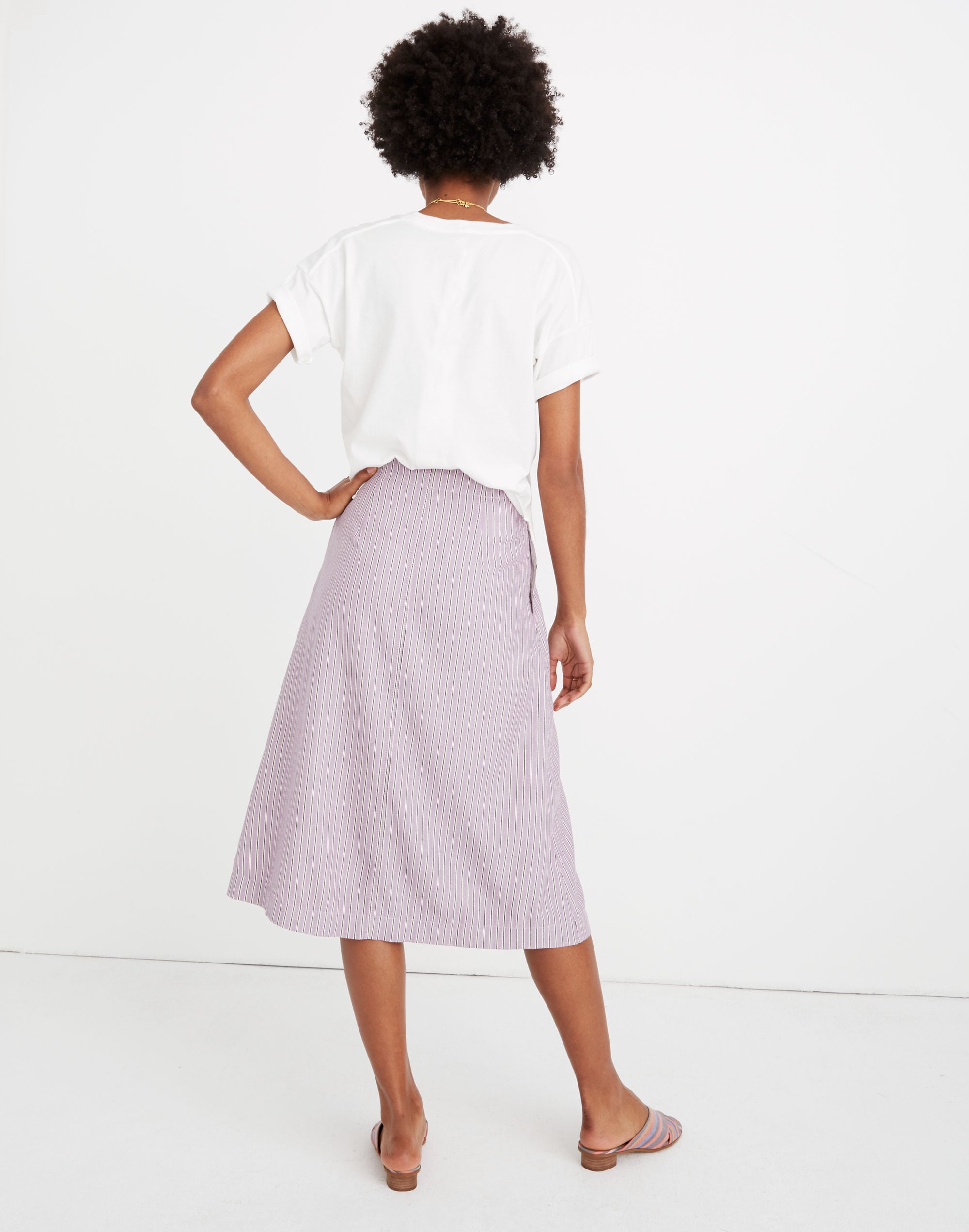 Patio Button-Front Midi Skirt in Lilac Stripe
