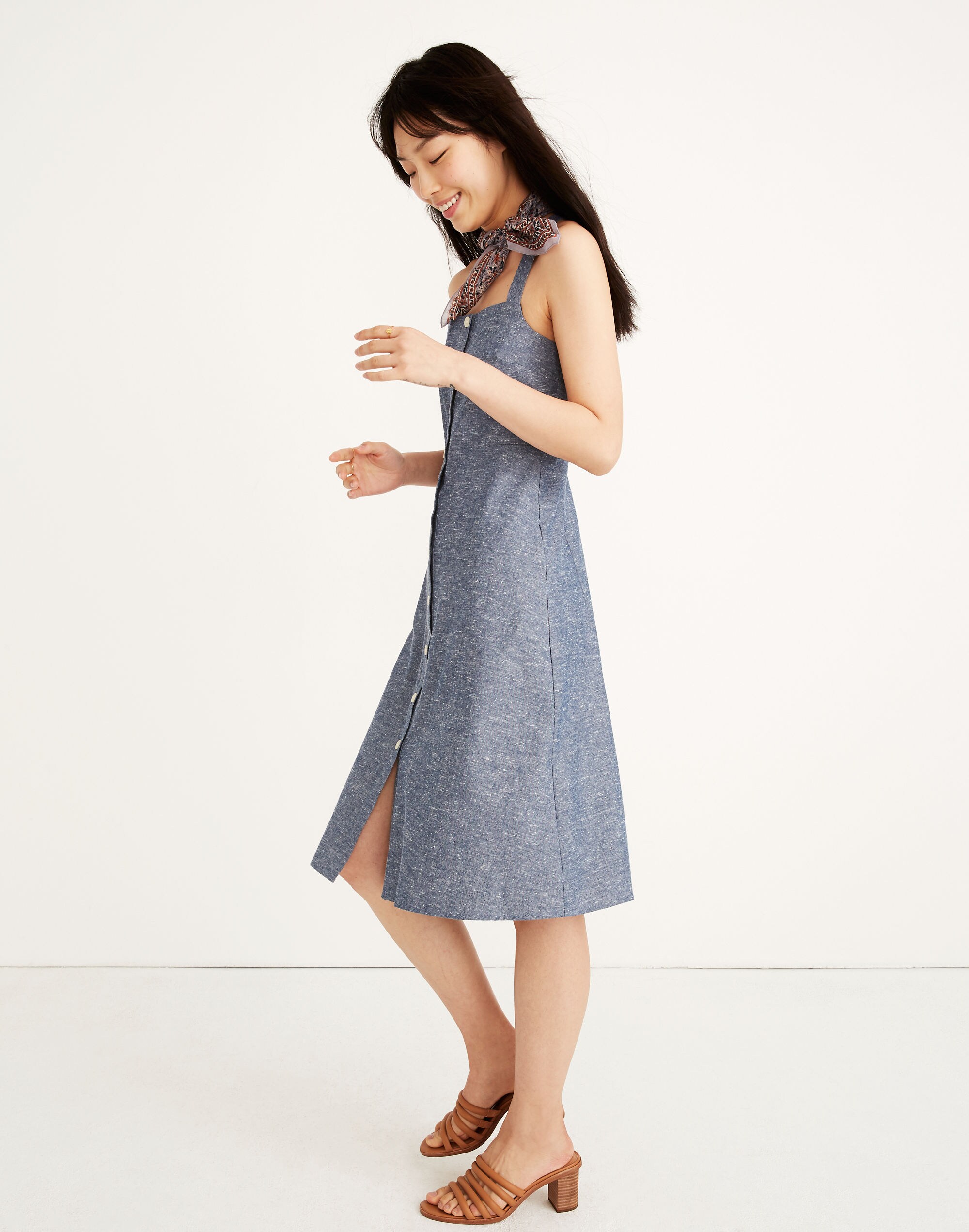 Chambray Tank Button-Front Midi Dress