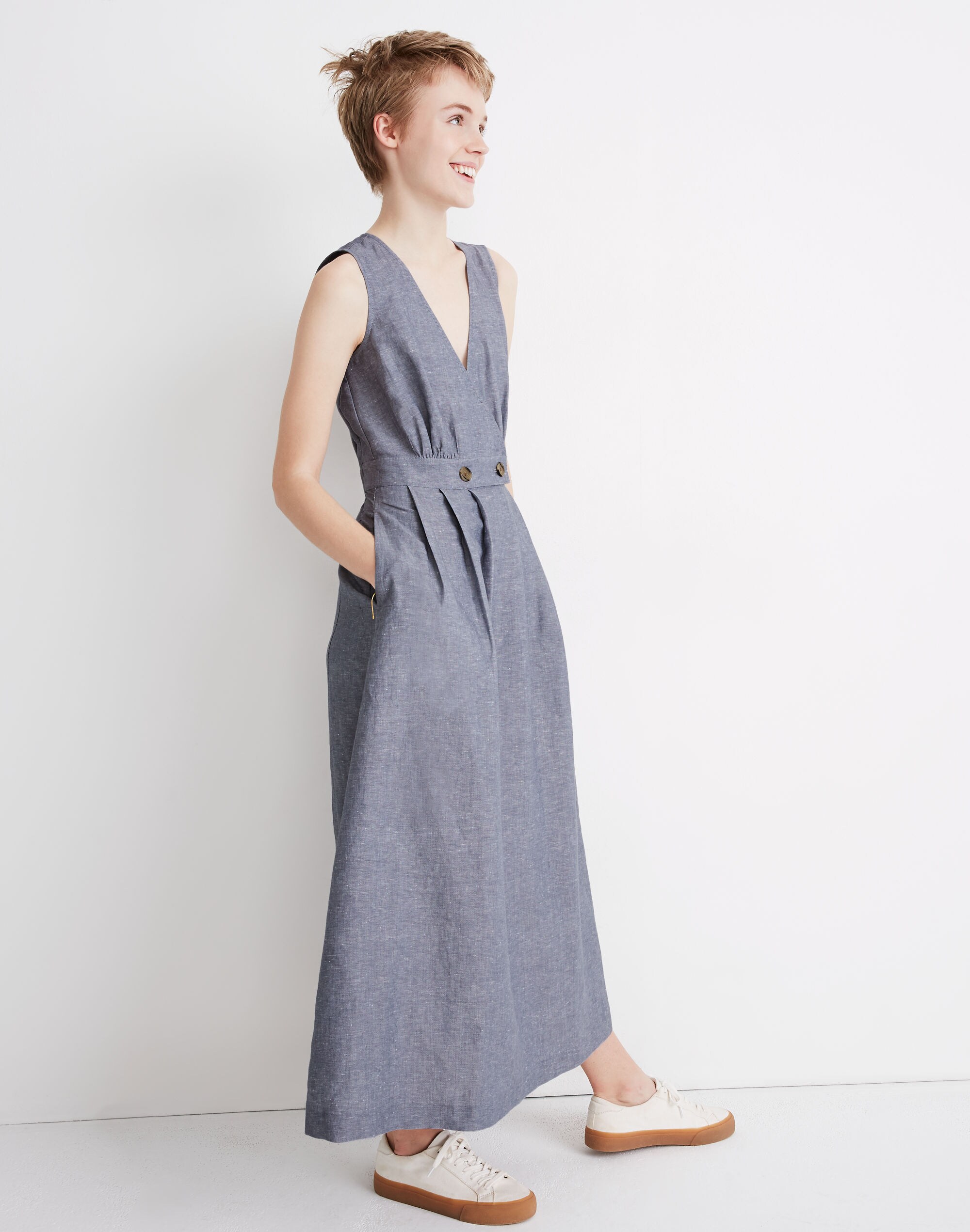 Petite Button-Waist Wrap Midi Dress