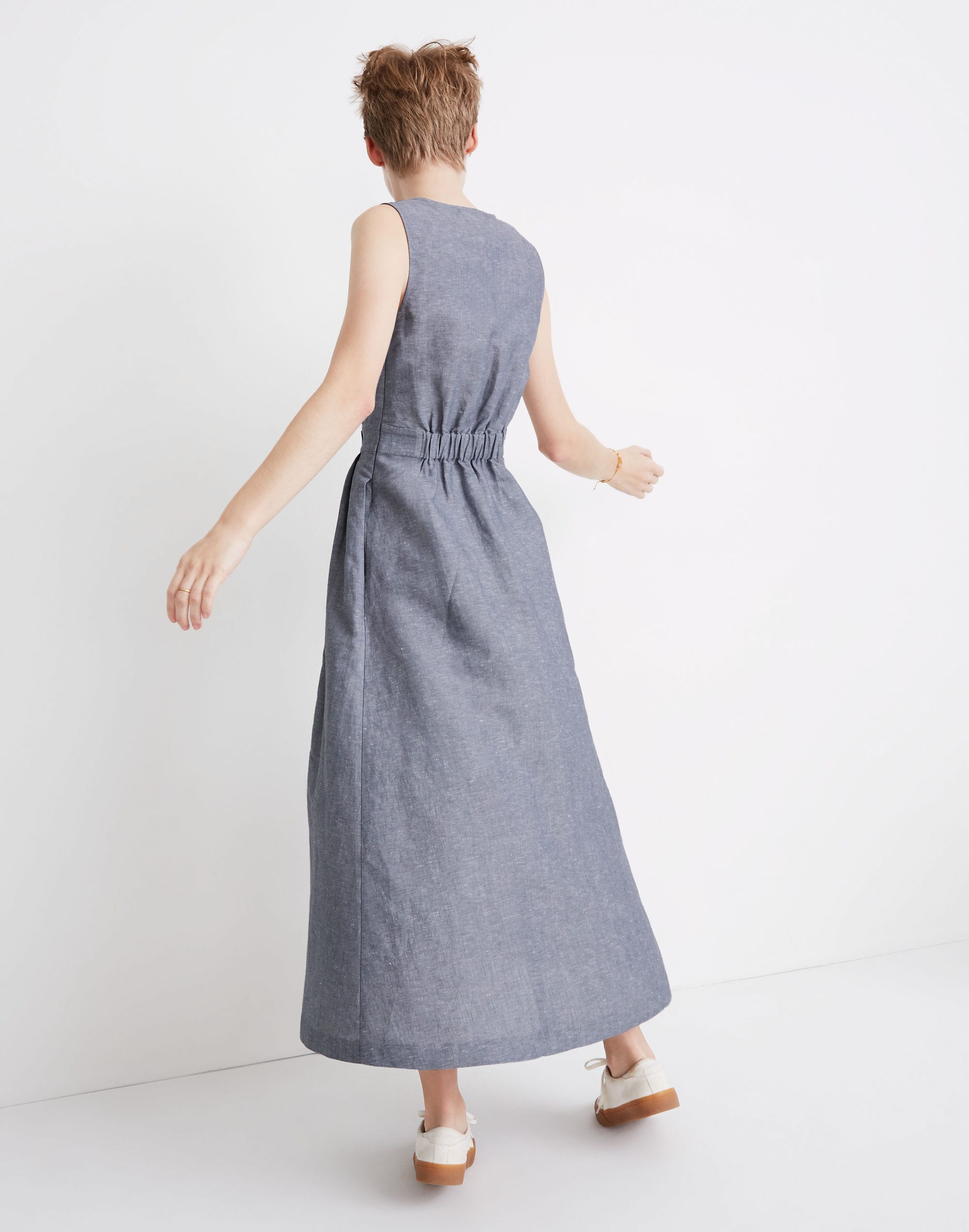 Button-Waist Wrap Midi Dress