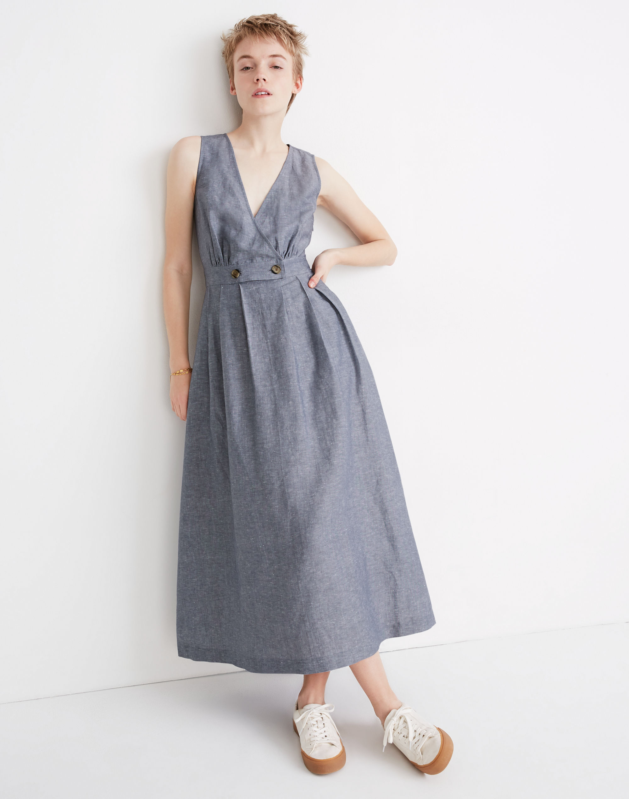 linen blend wrap midi dress Mint Velvet Yellow Beige Blend Wrap Midi Dress | Size 02 | Yellow | Sleeveless