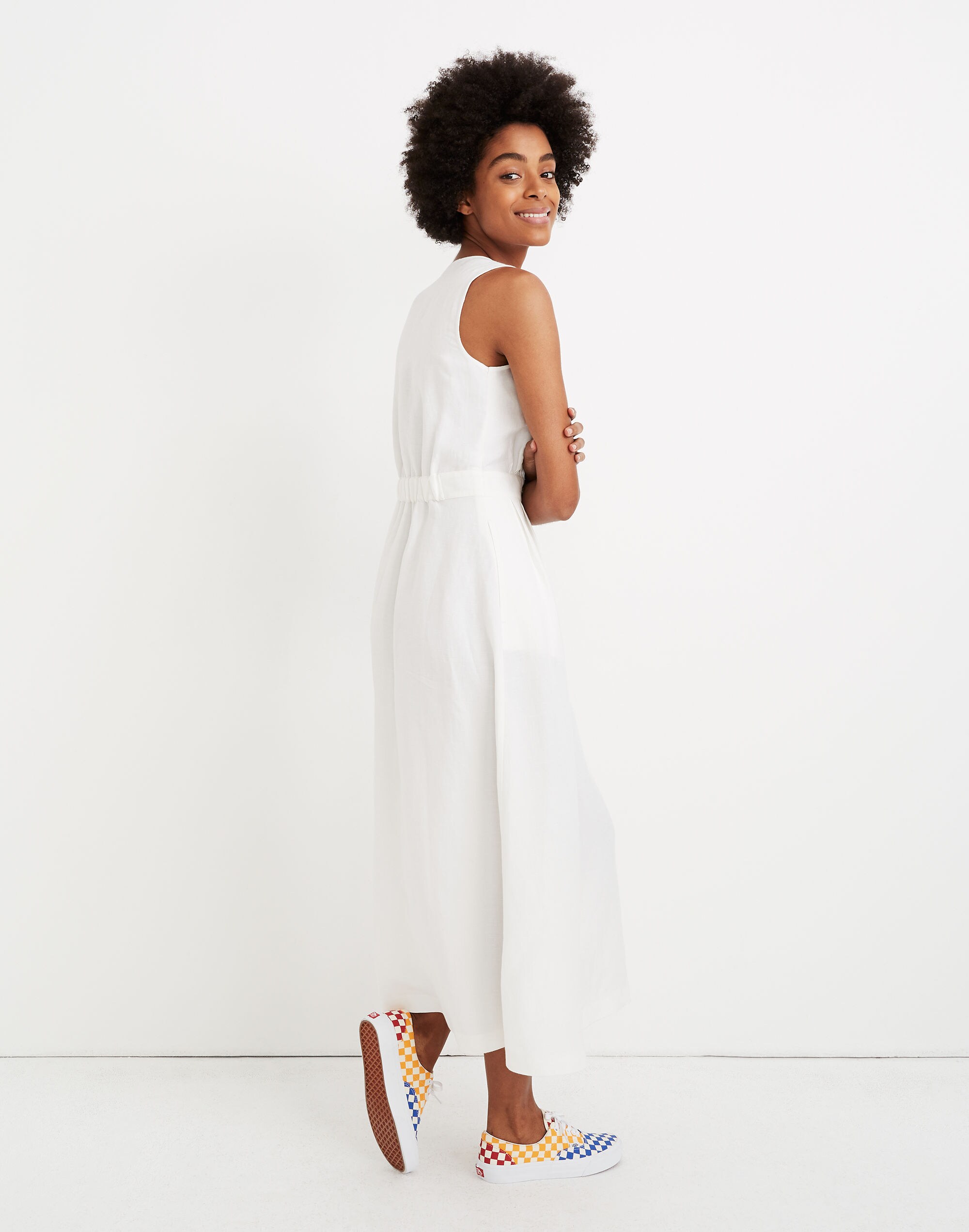 Button-Waist Wrap Midi Dress