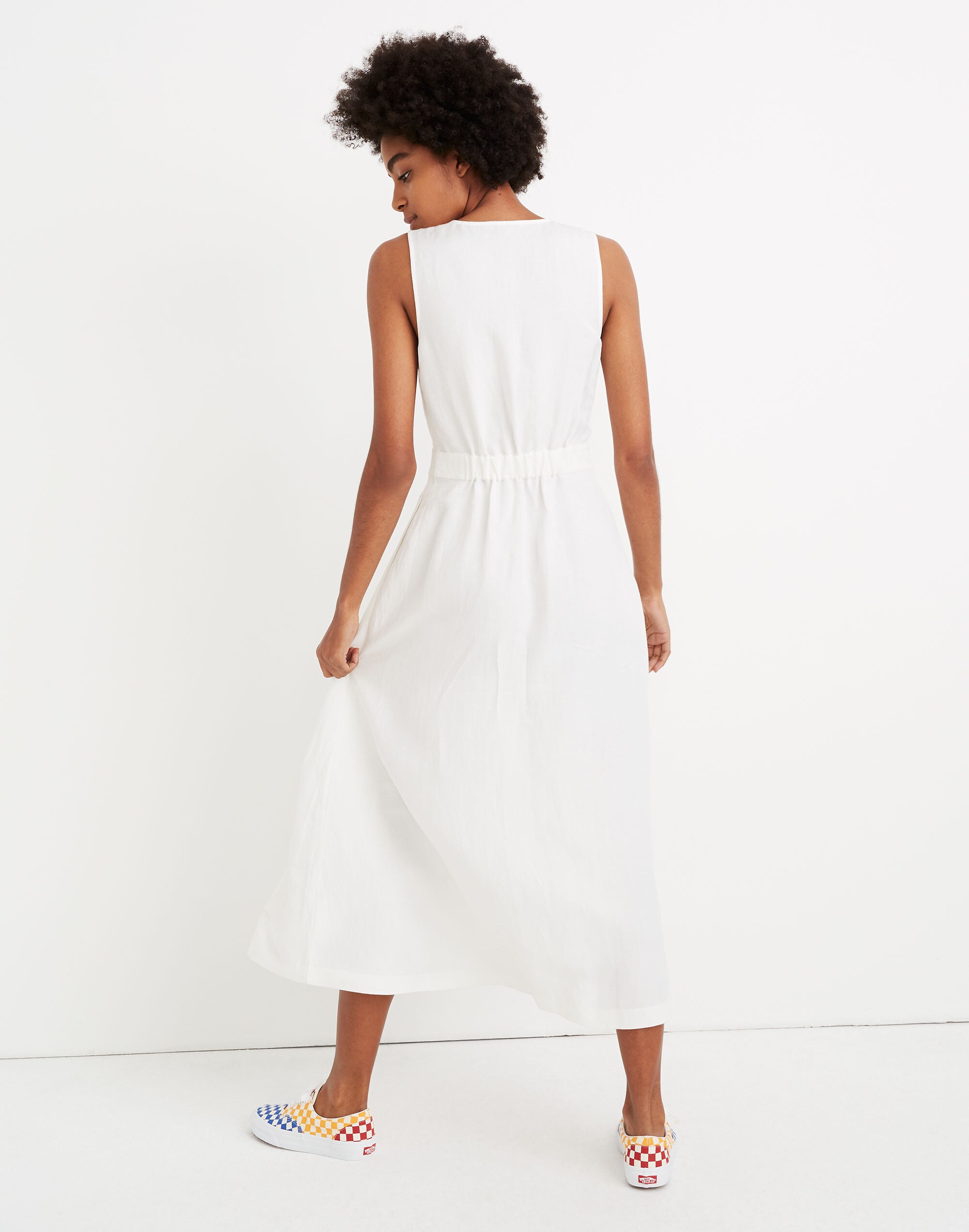 Button-Waist Wrap Midi Dress