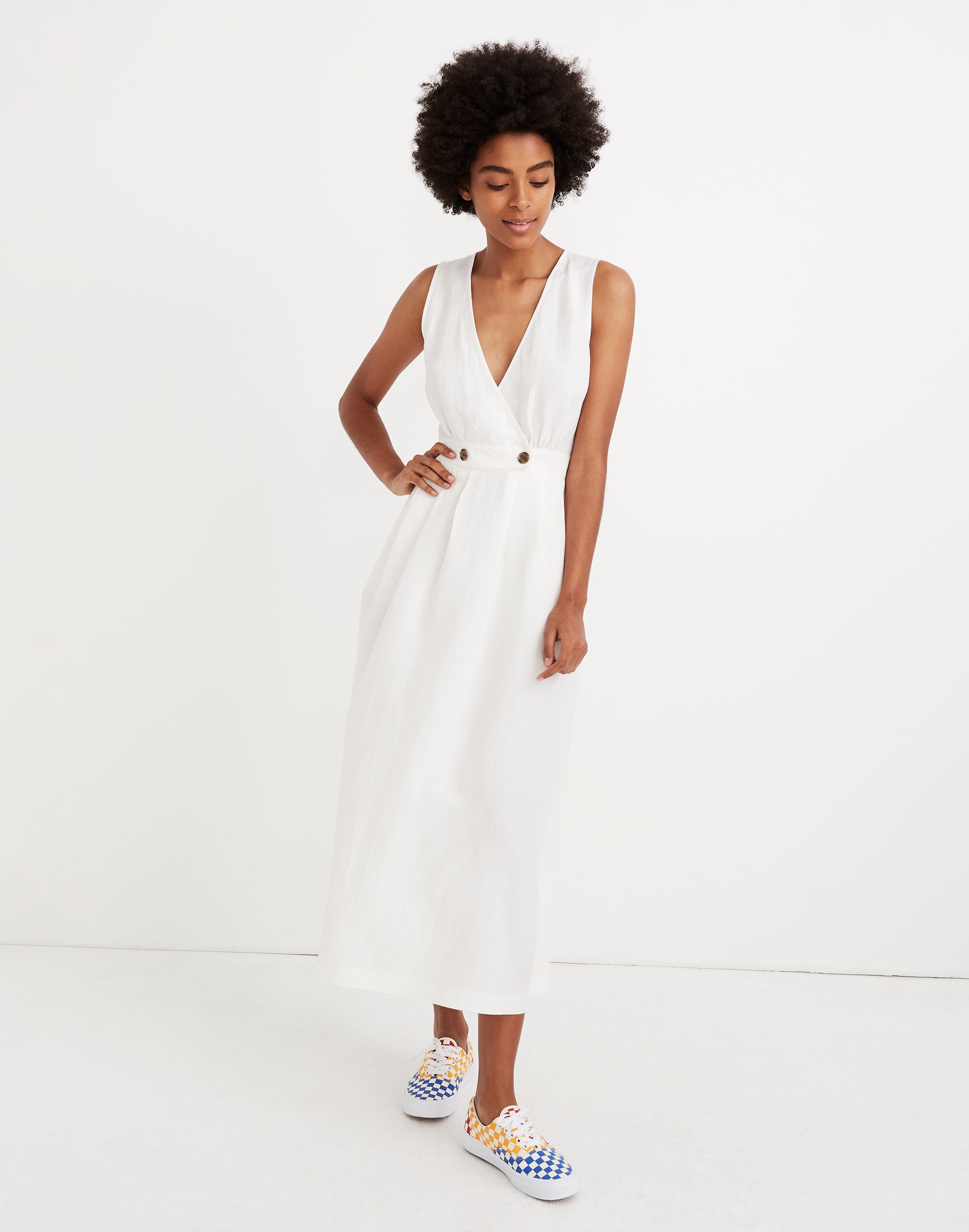 Button-Waist Wrap Midi Dress