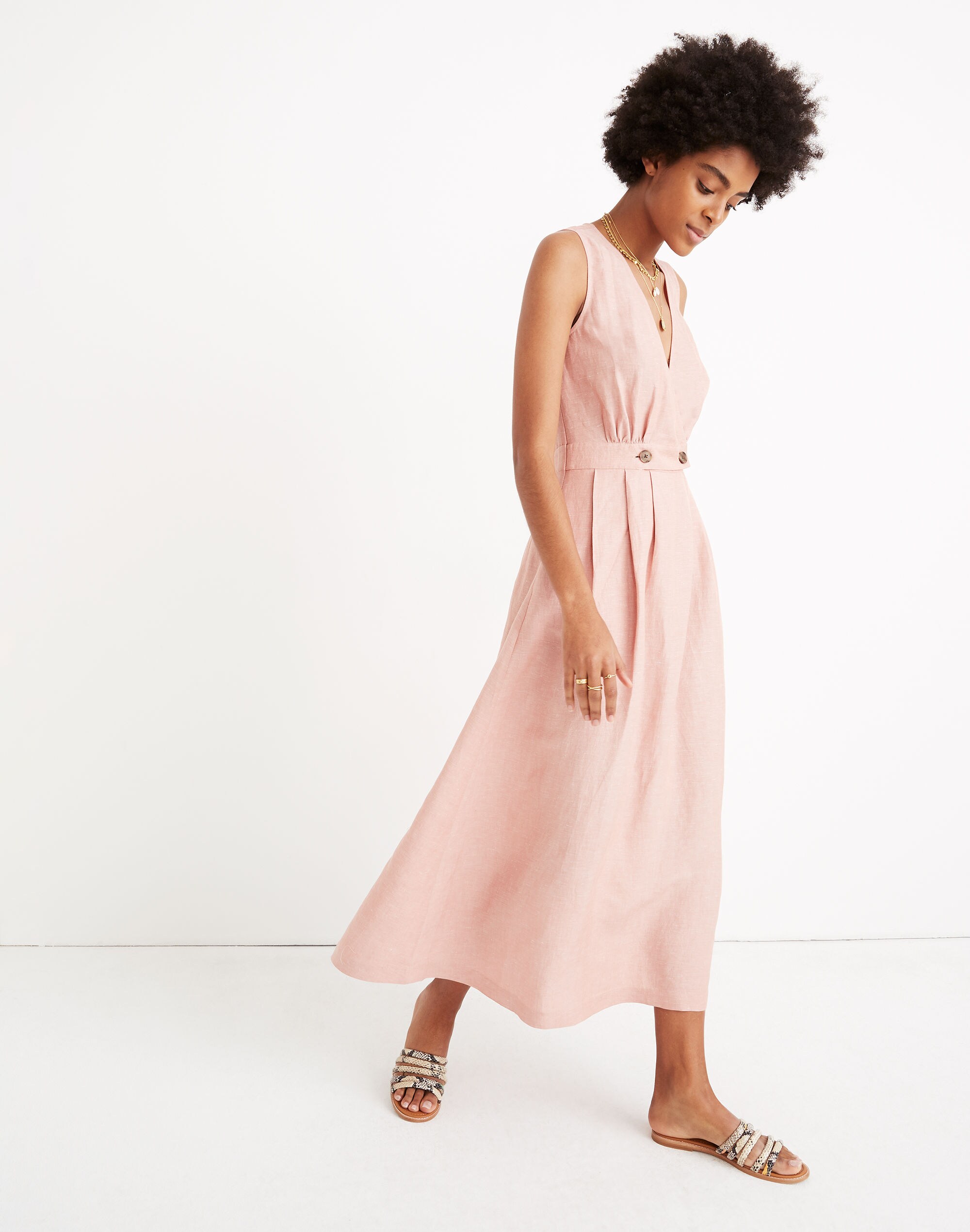 Button-Waist Wrap Midi Dress