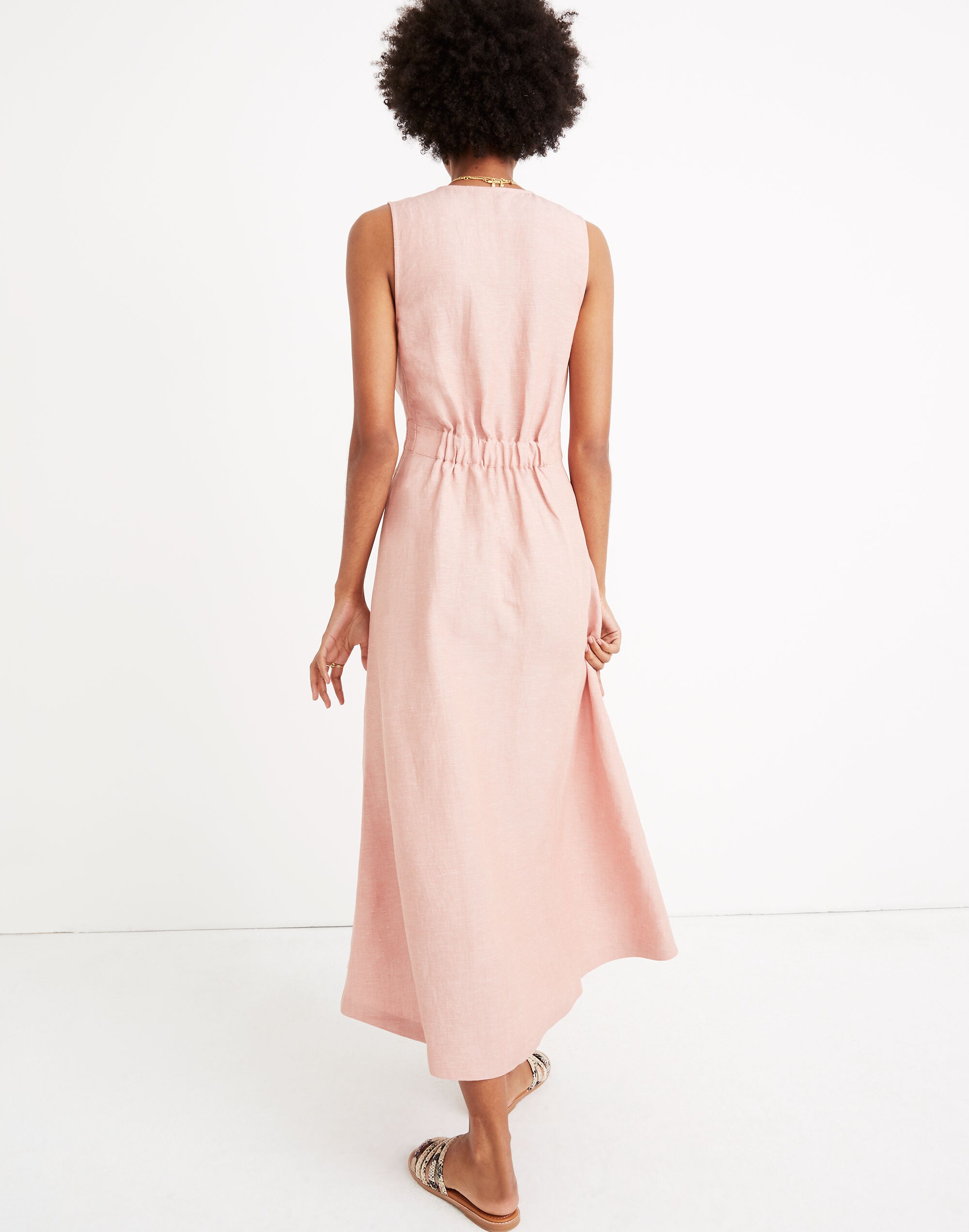 Button-Waist Wrap Midi Dress