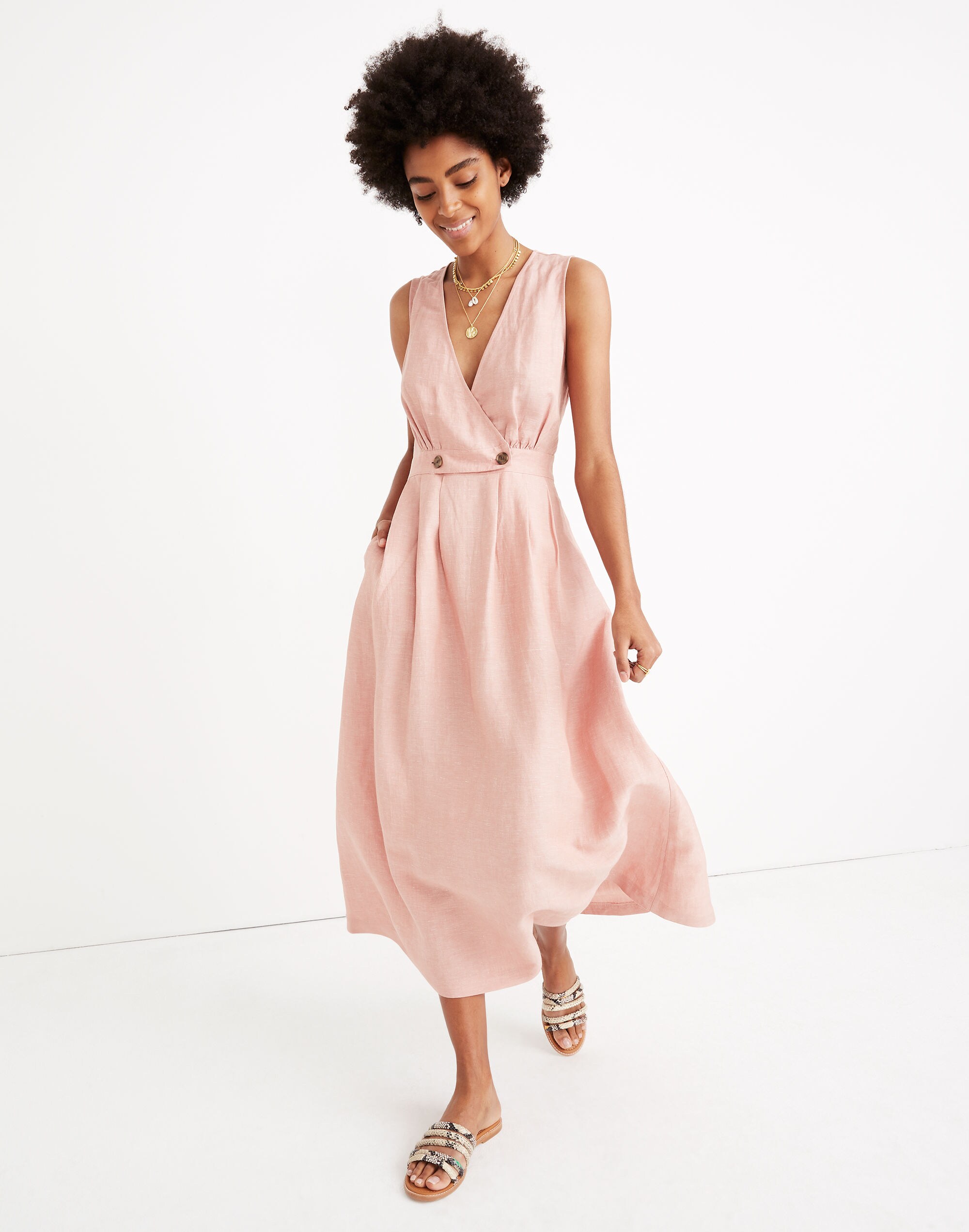 Button-Waist Wrap Midi Dress