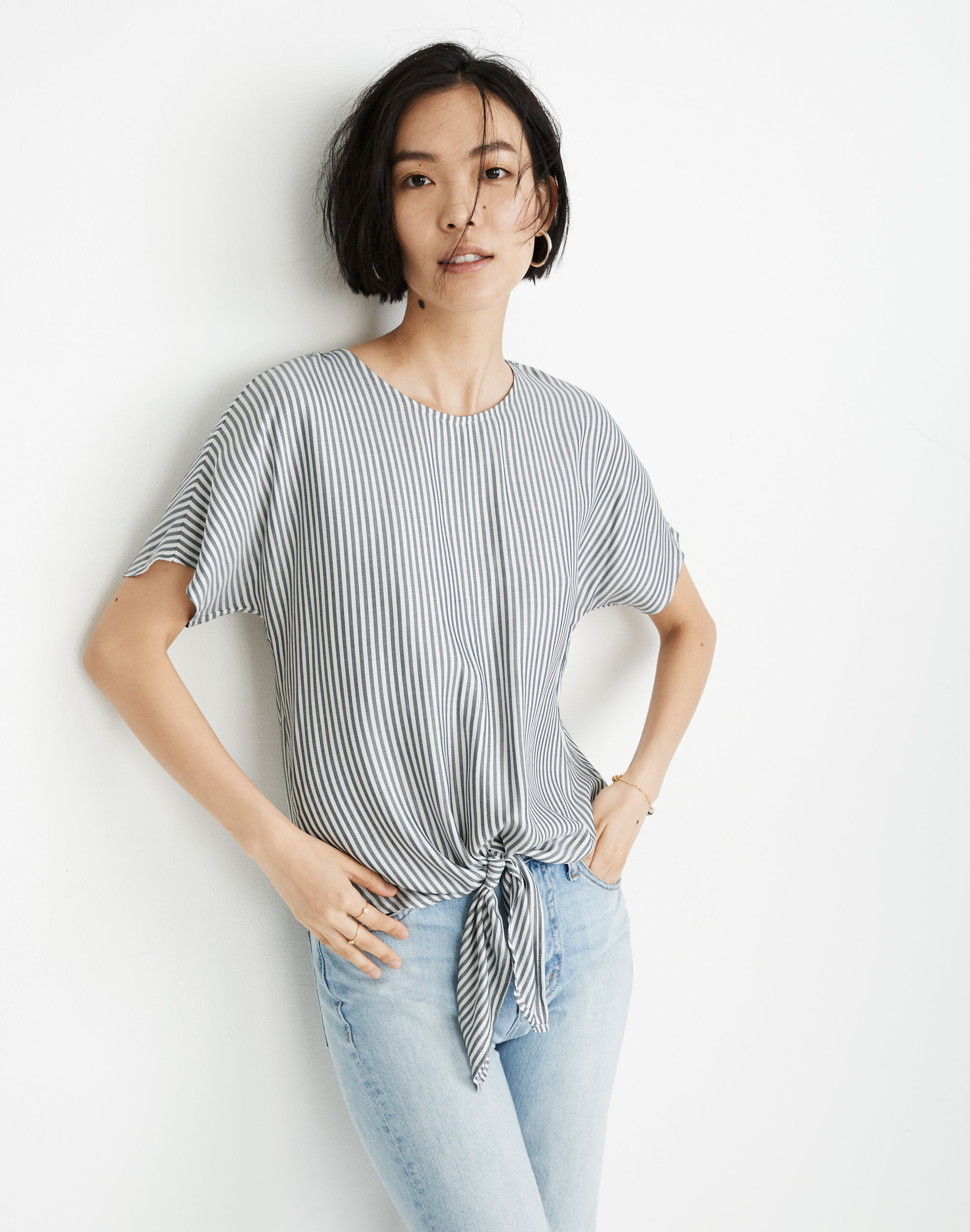 Button-Back Tie Tee in Classon Stripe