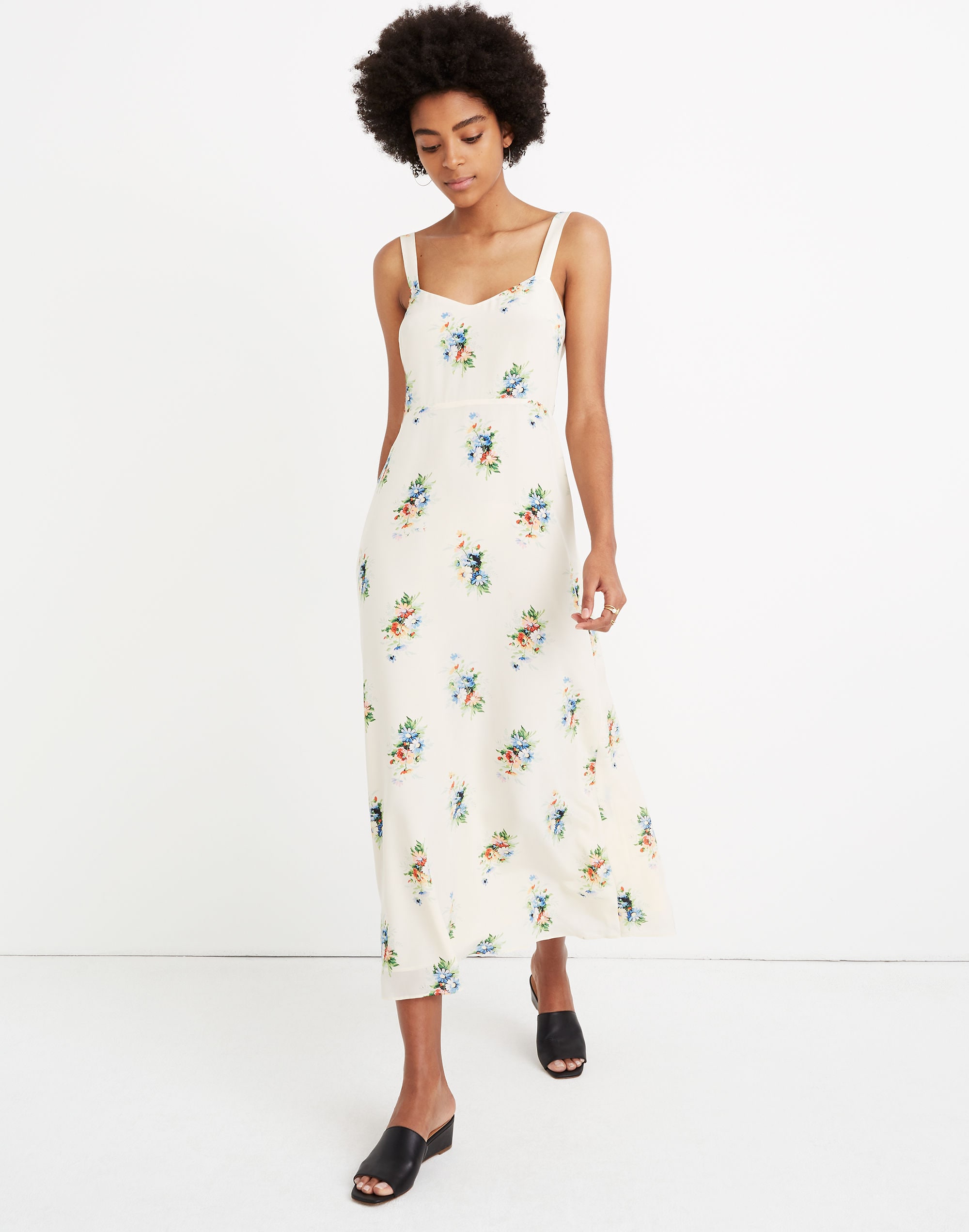 silk wide-strap midi dress in classic corsage