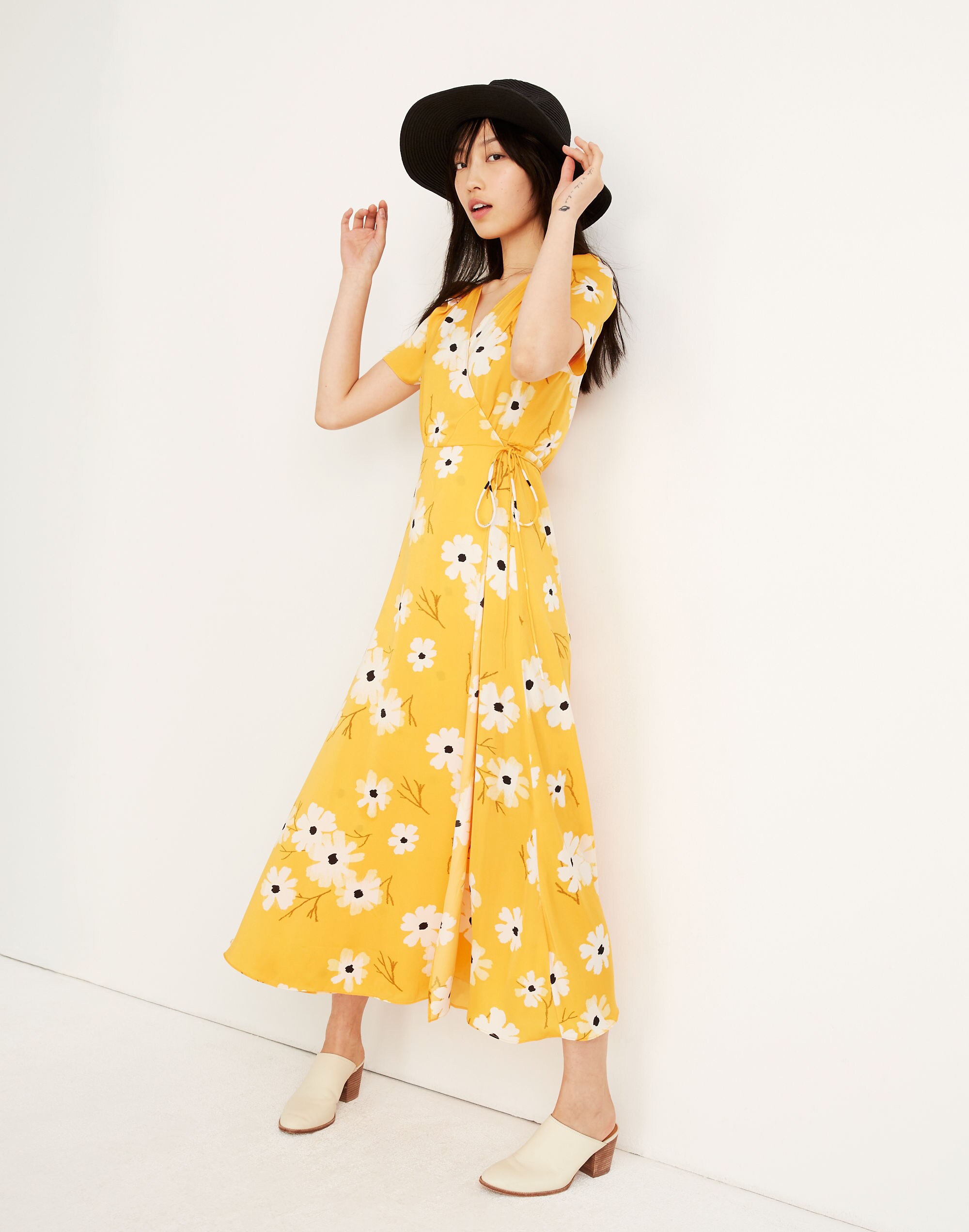 Puff-Sleeve Wrap Midi Dress in Ikat Floral