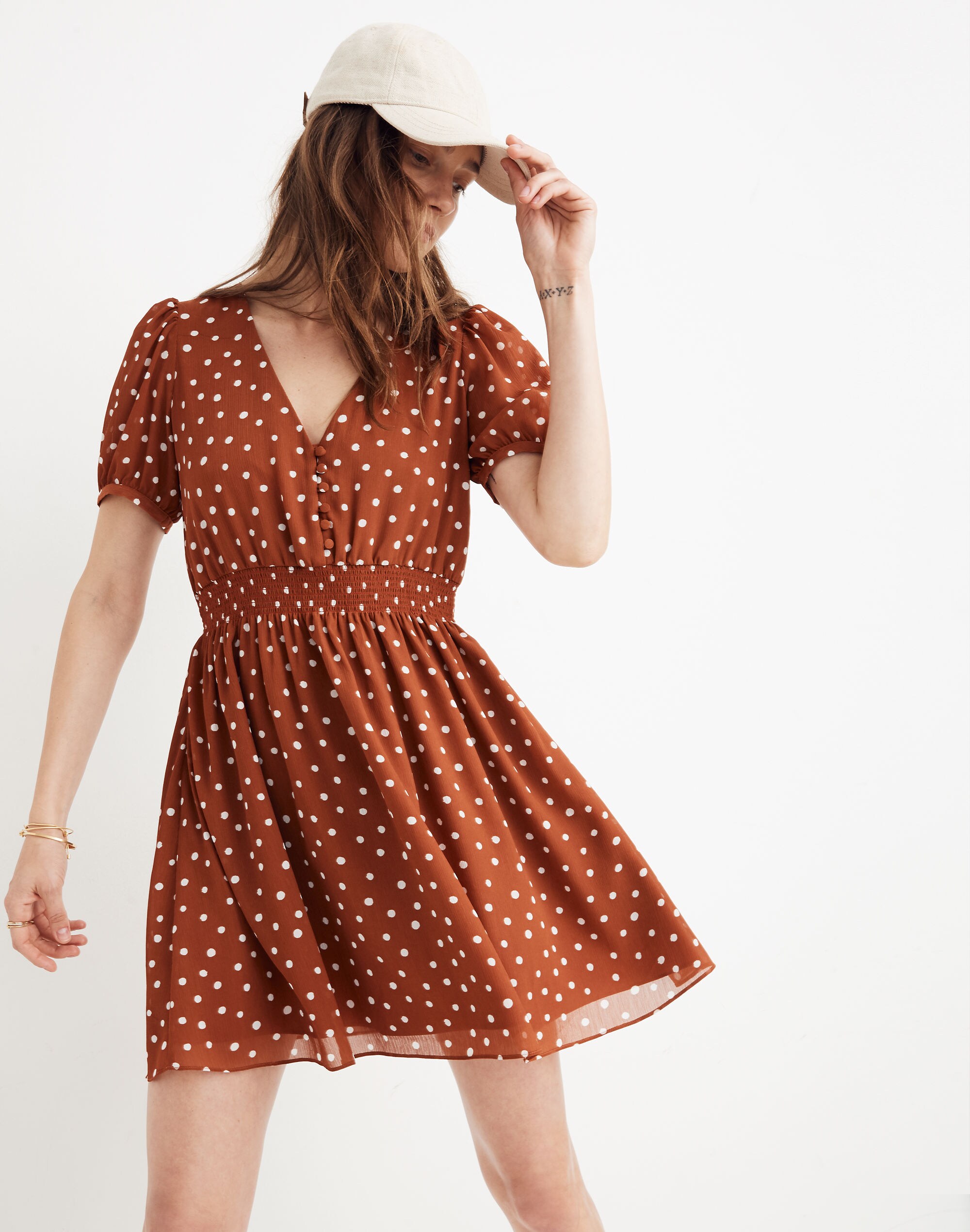 Smocked-Waist Mini Dress in Inkspot Dots