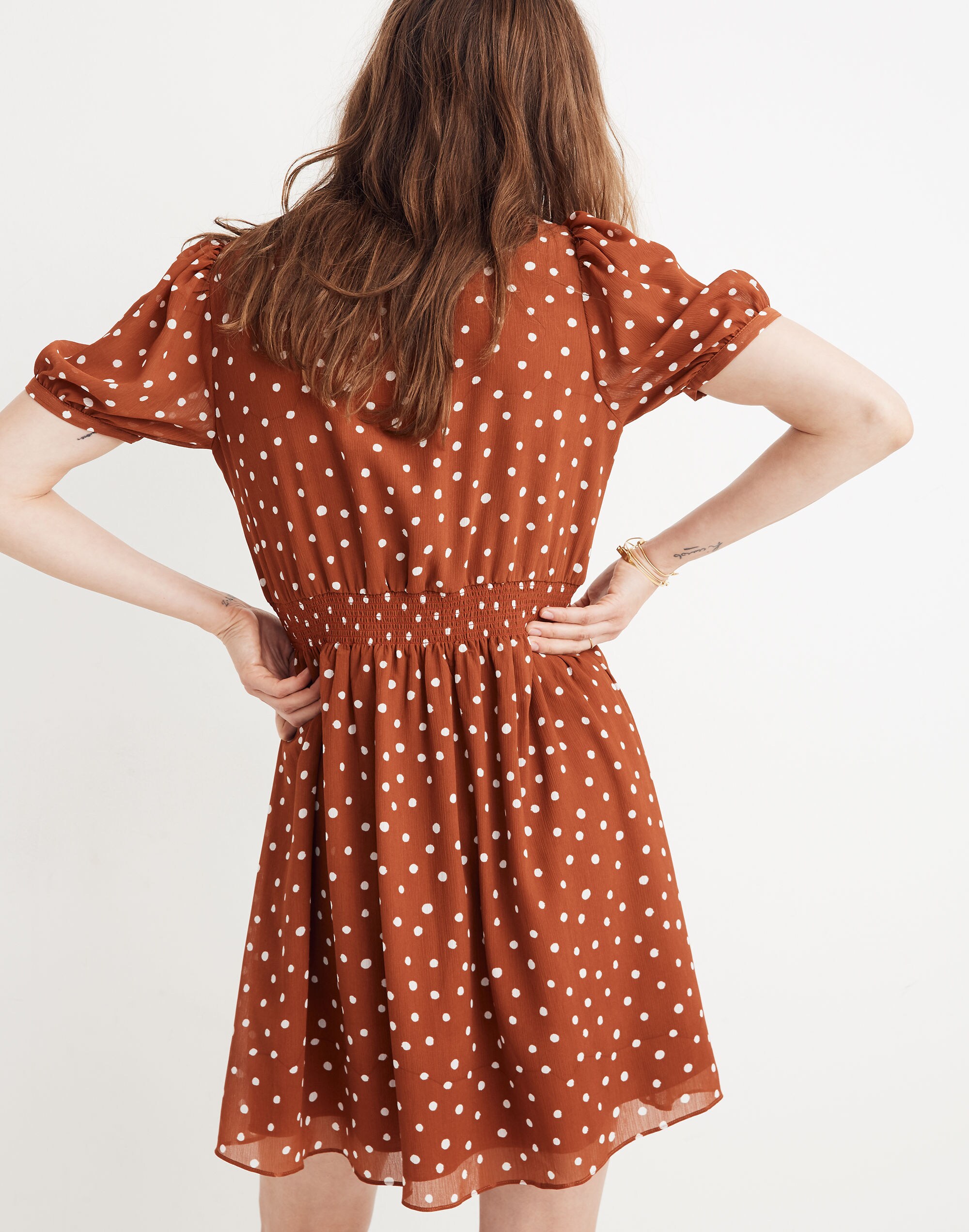 Smocked-Waist Mini Dress in Inkspot Dots