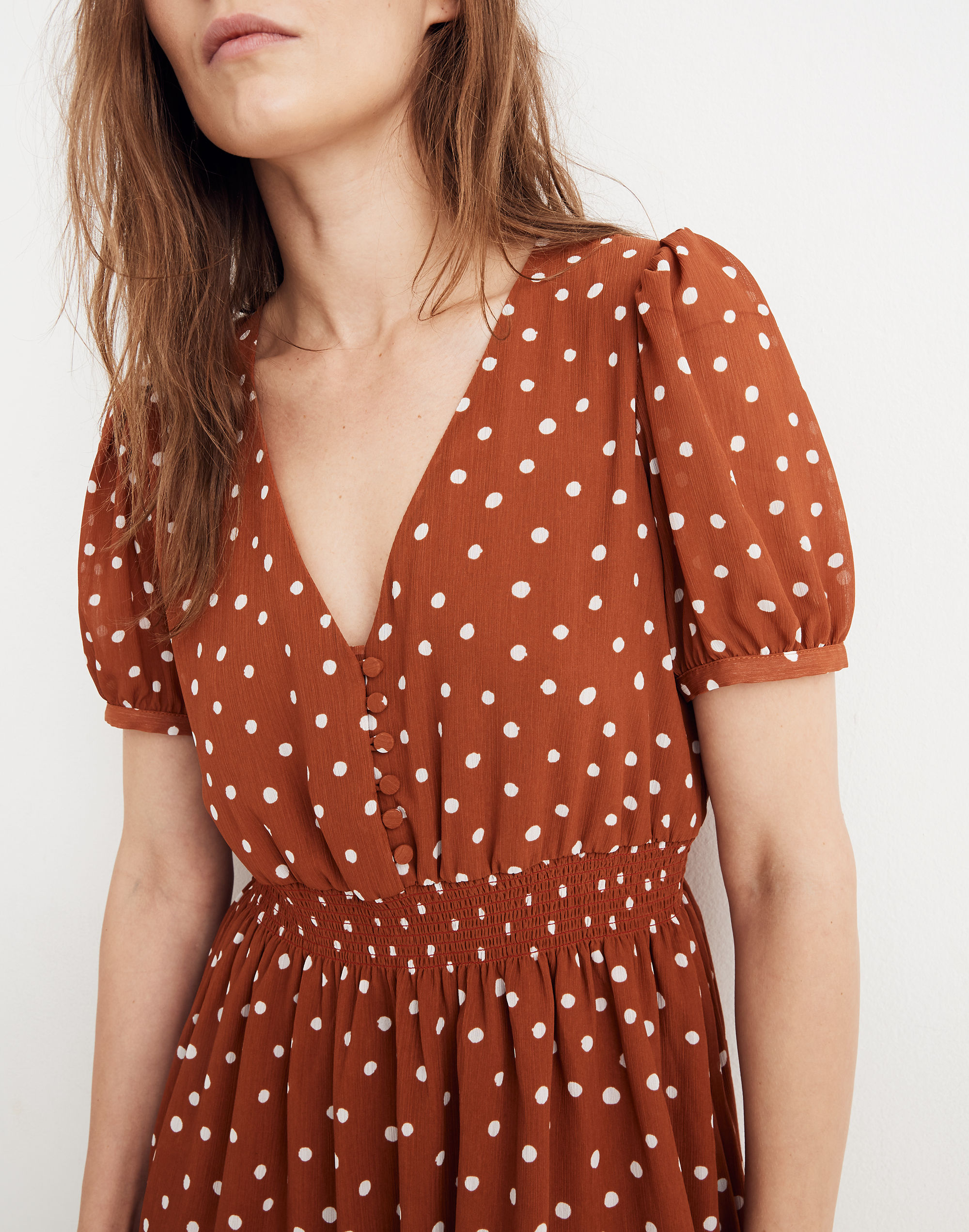 Smocked-Waist Mini Dress in Inkspot Dots