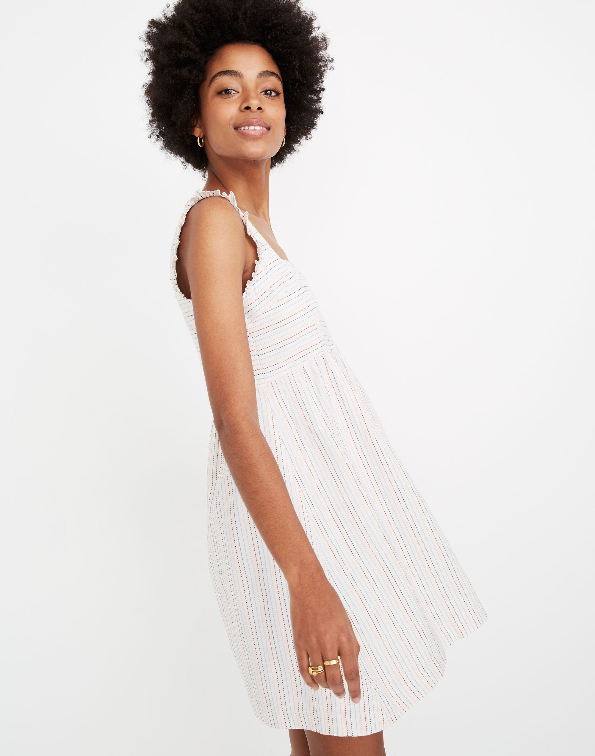 Ruffled Square-Neck Dress in Stitched Rainbow Stripe