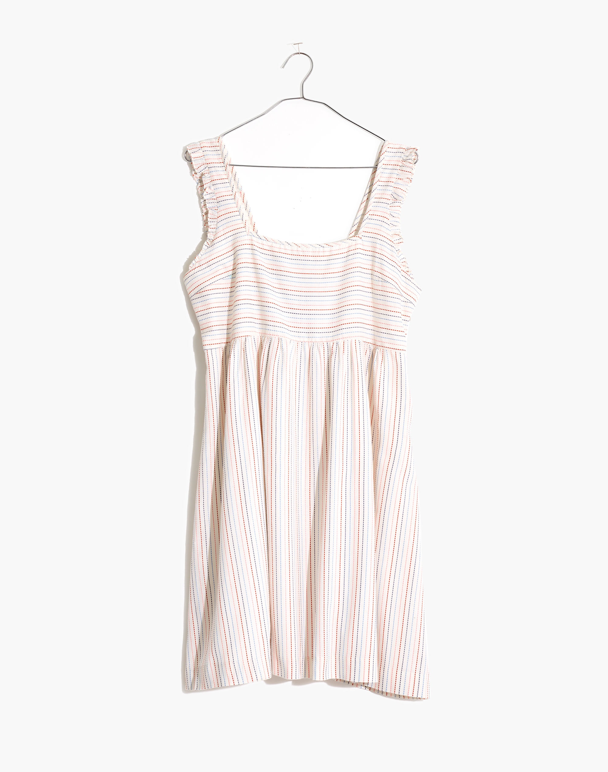 Ruffled Square-Neck Dress in Stitched Rainbow Stripe