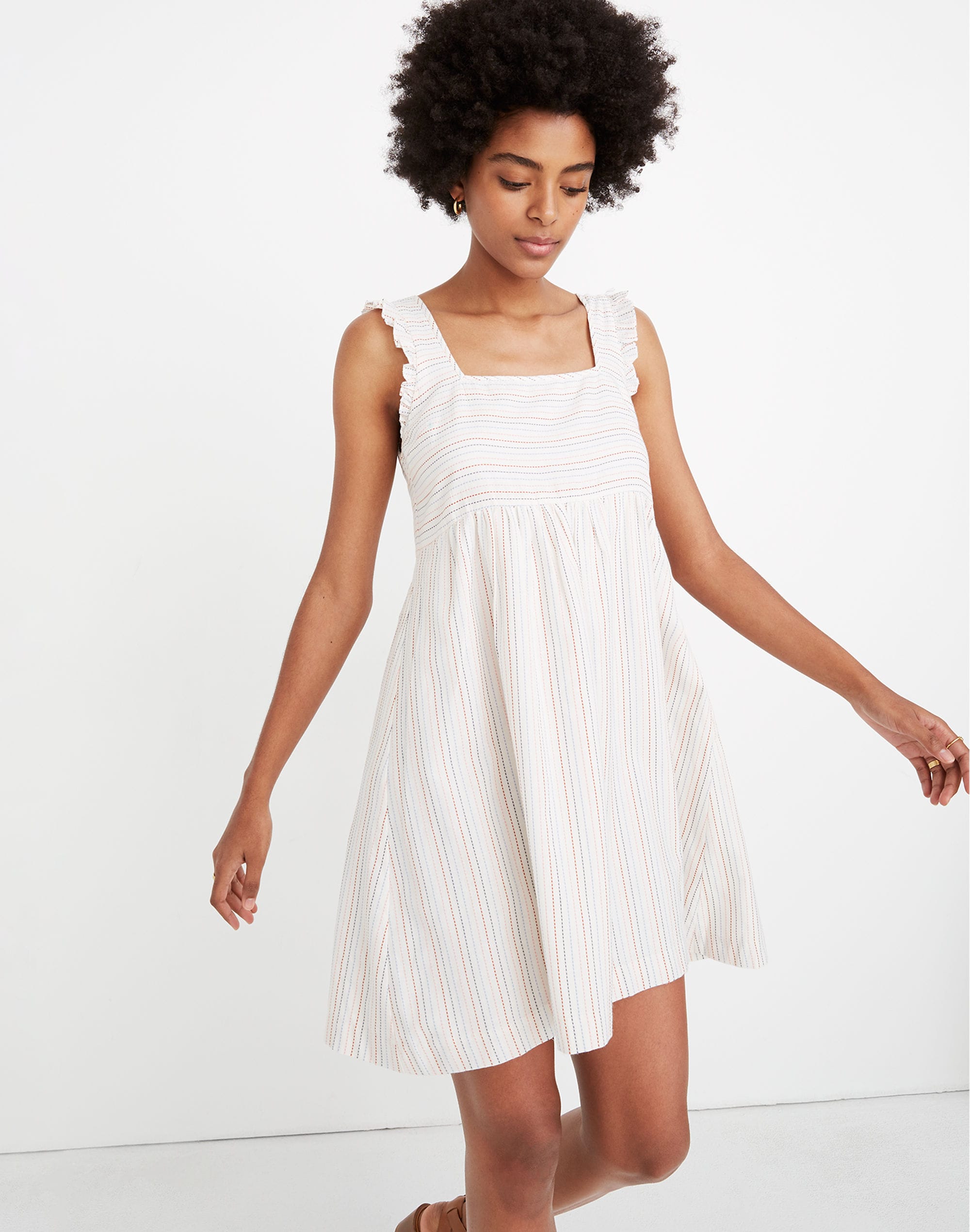 ruffled square-neck dress in stitched rainbow stripe