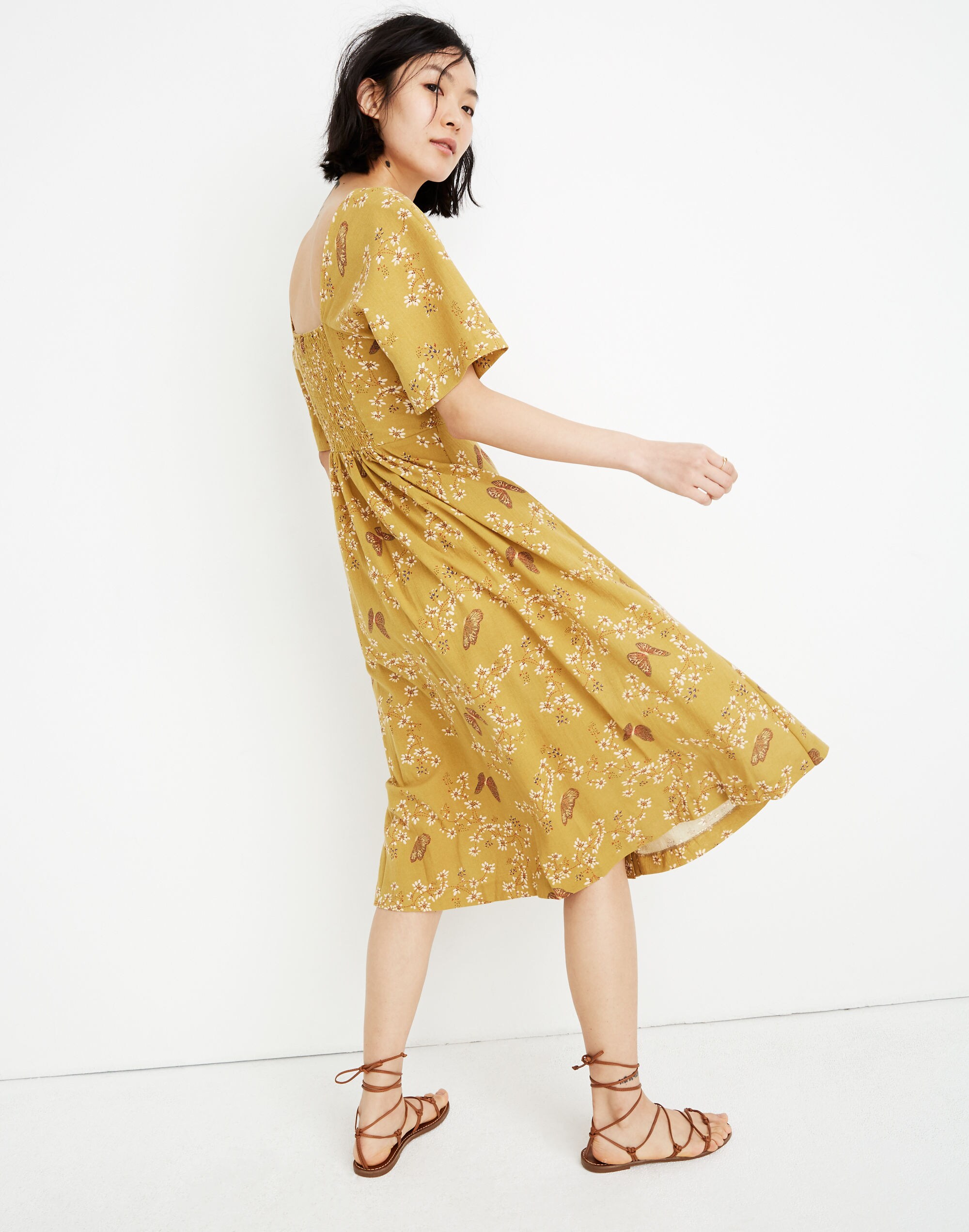 Flutter-Sleeve Midi Dress in Windowbox Floral
