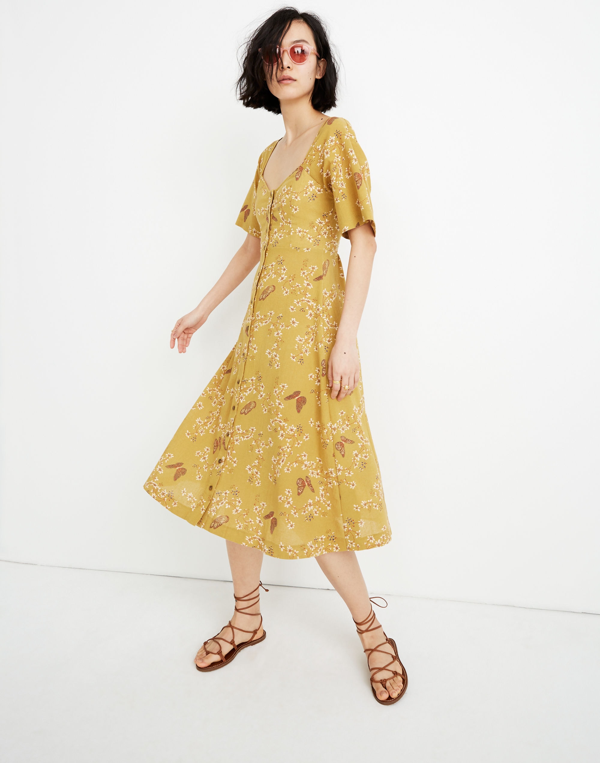 Flutter-Sleeve Midi Dress in Windowbox Floral