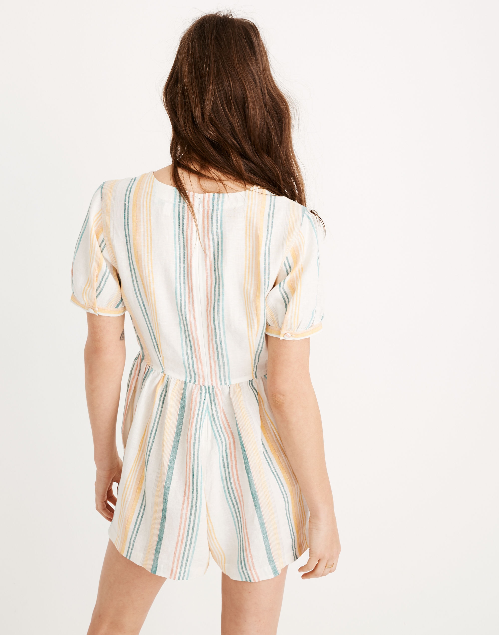 Linen Button-Wrap Romper in Stripe