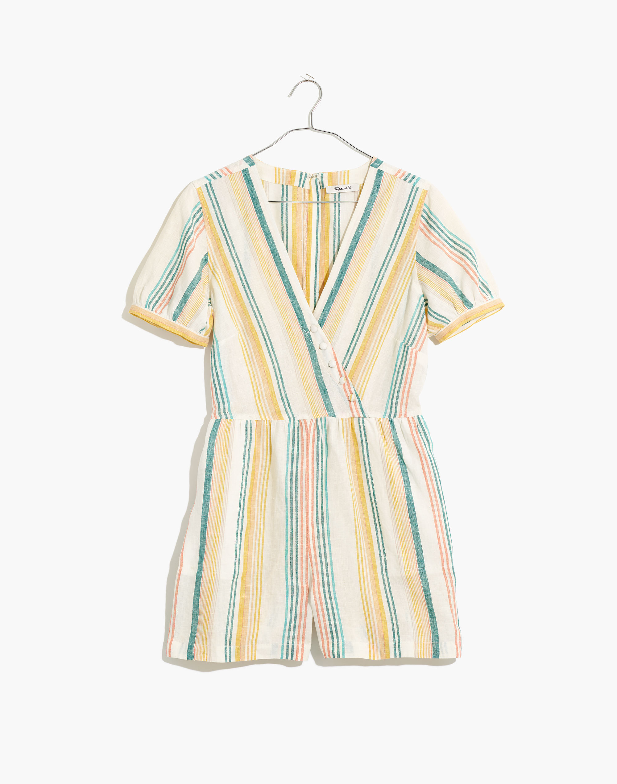 Linen Button-Wrap Romper in Stripe