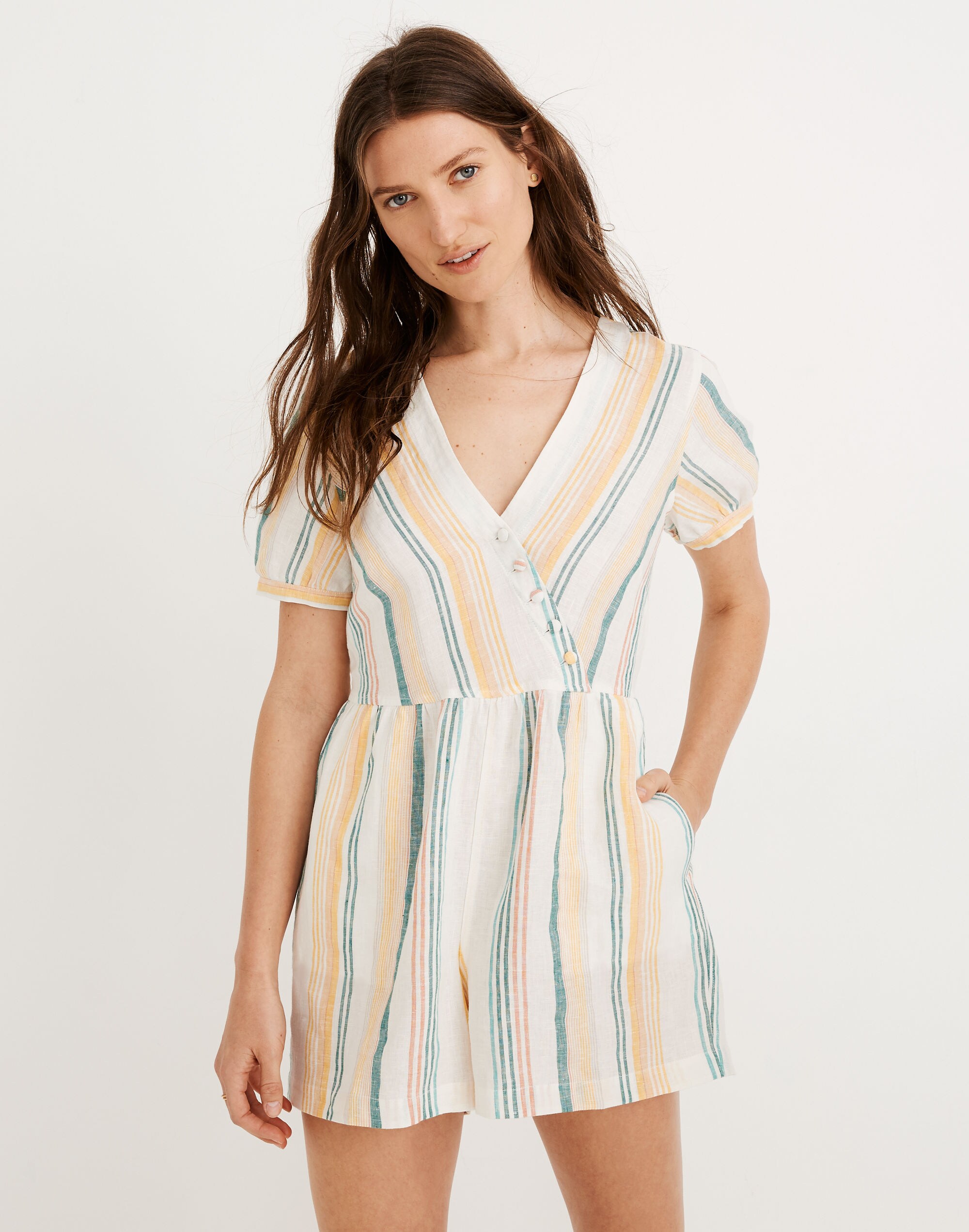 Linen Button-Wrap Romper in Stripe