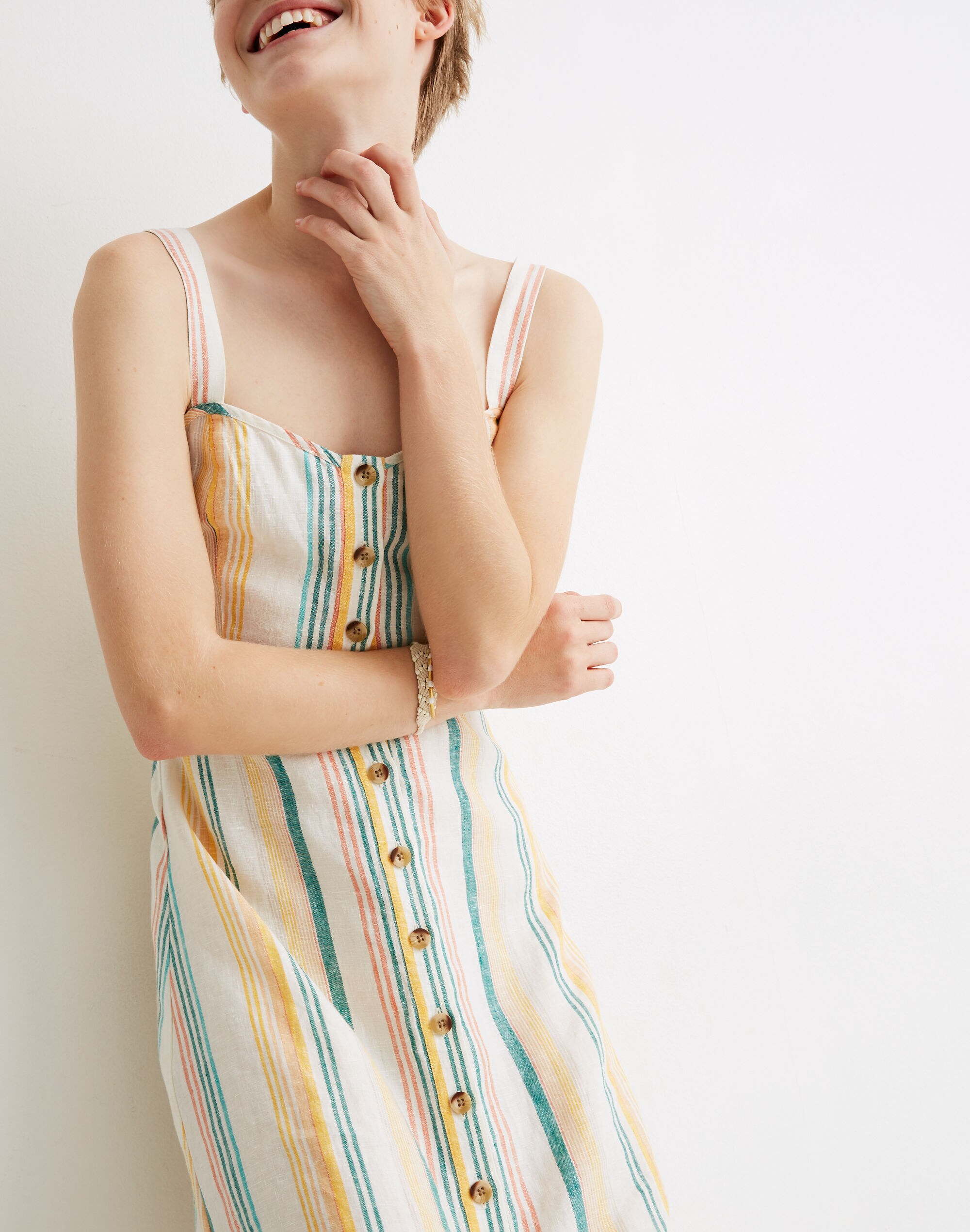 Linen Fitted-Bodice Midi Dress in Stripe