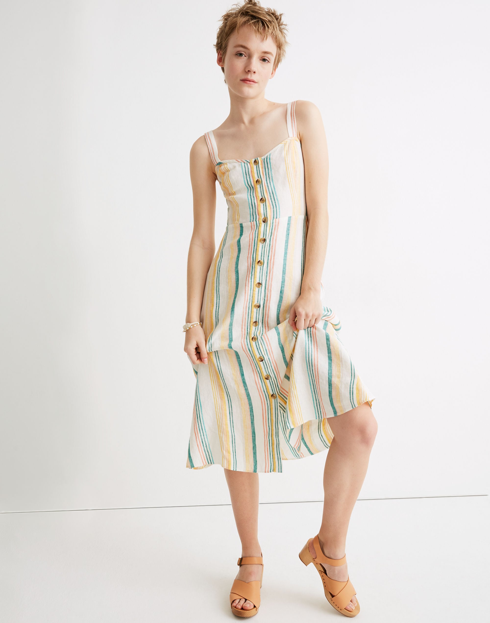Linen Fitted-Bodice Midi Dress in Stripe