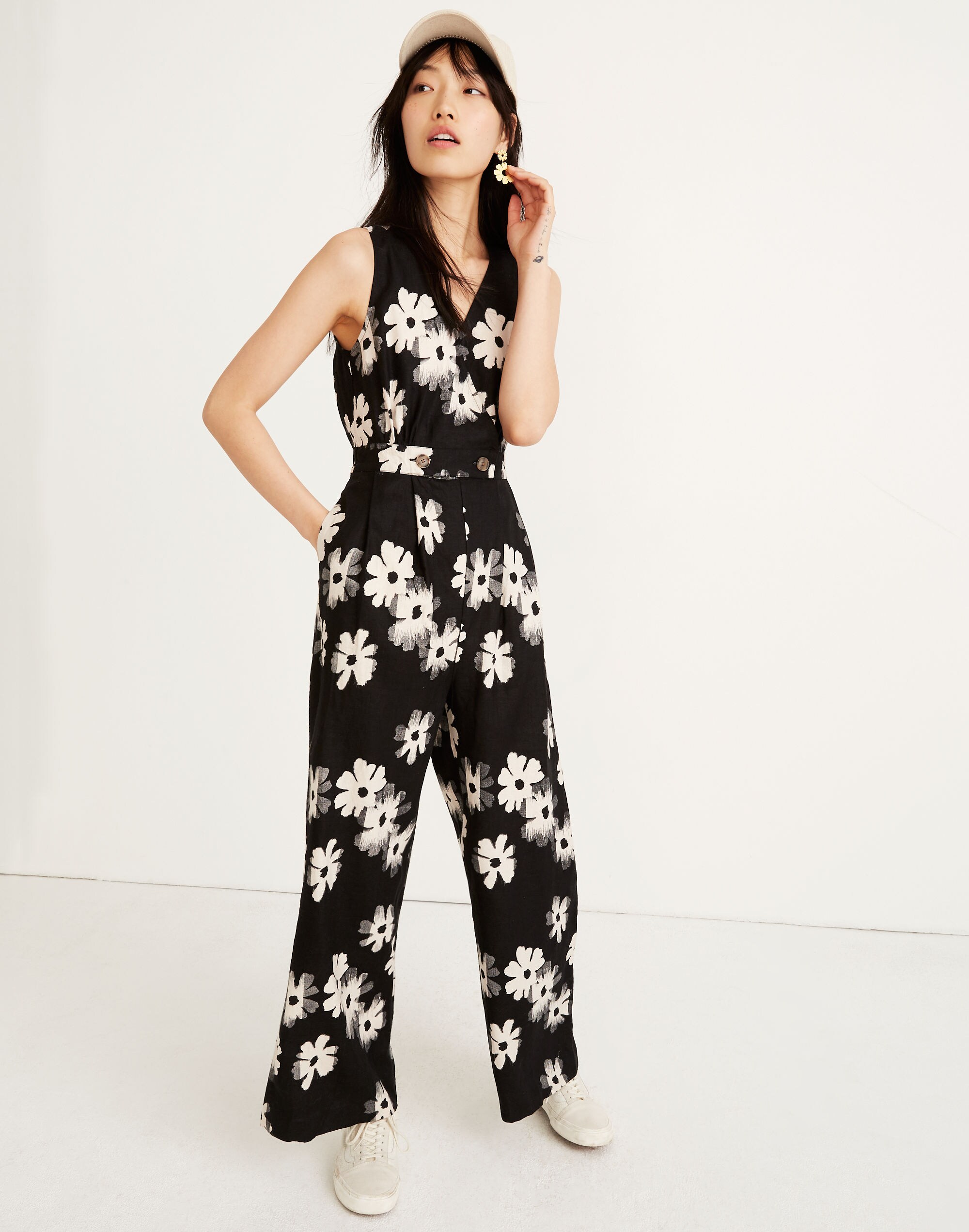 Button-Waist Wide-Leg Jumpsuit in Ikat Floral