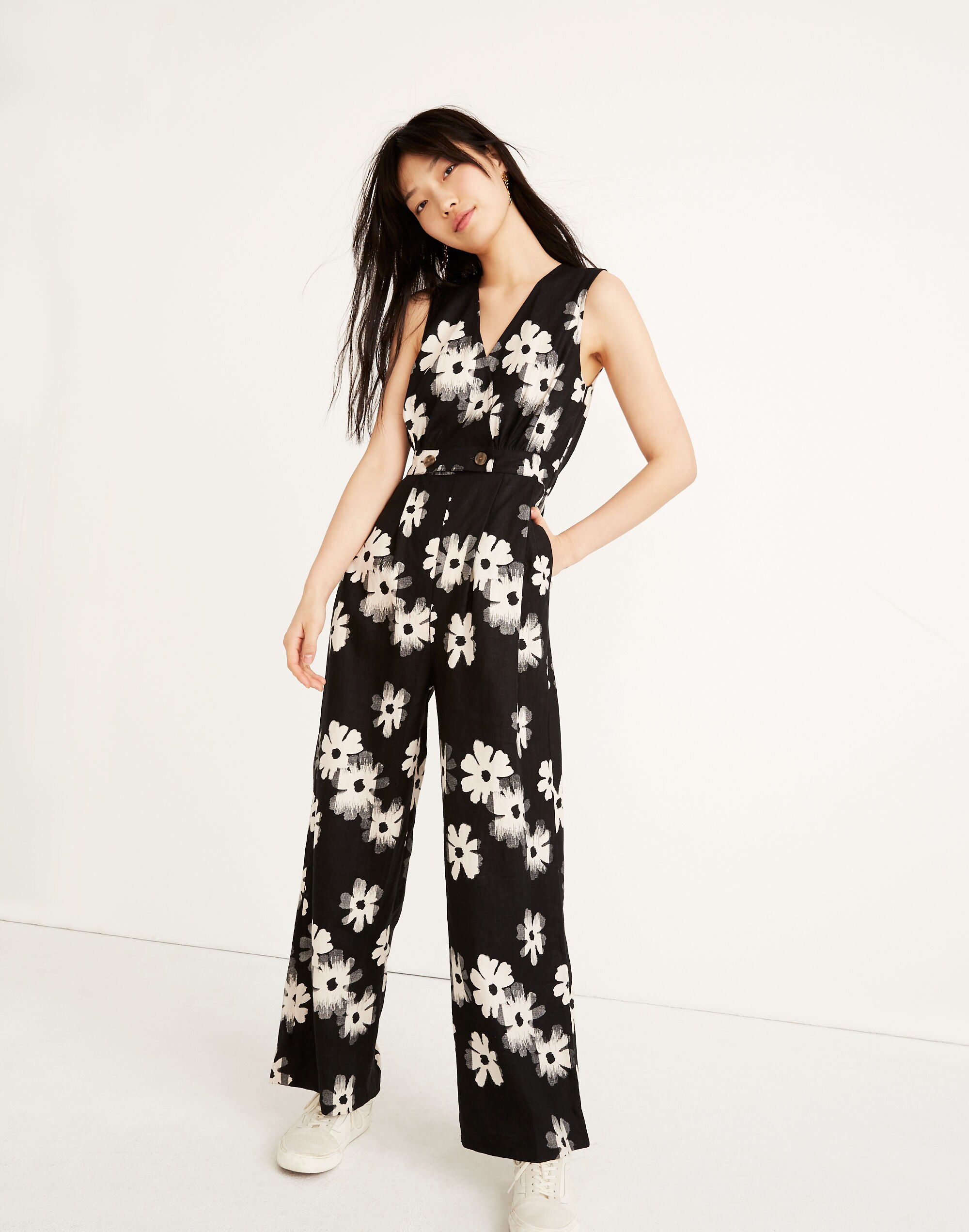 Button-Waist Wide-Leg Jumpsuit in Ikat Floral