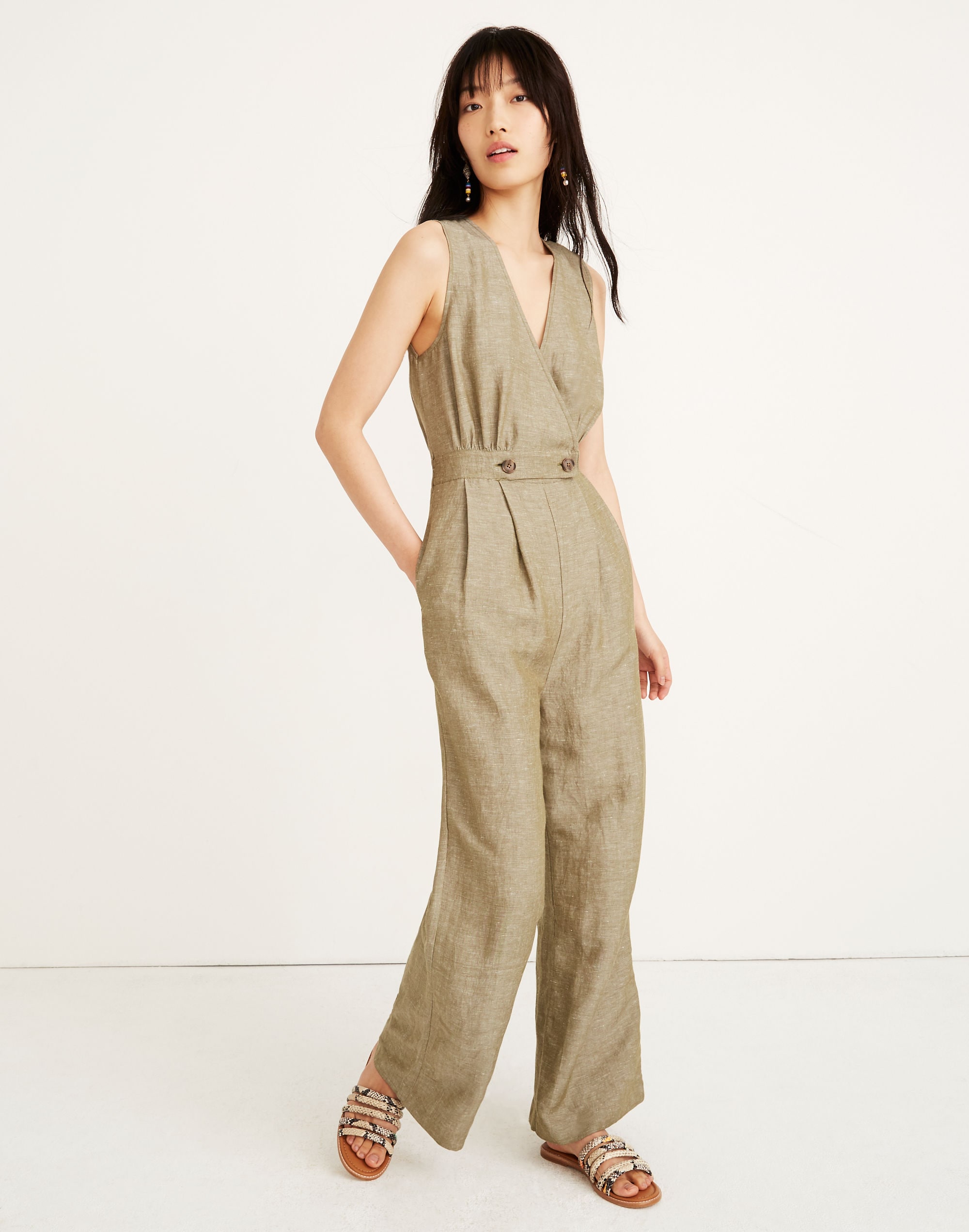 Linen Button-Waist Wide-Leg Jumpsuit