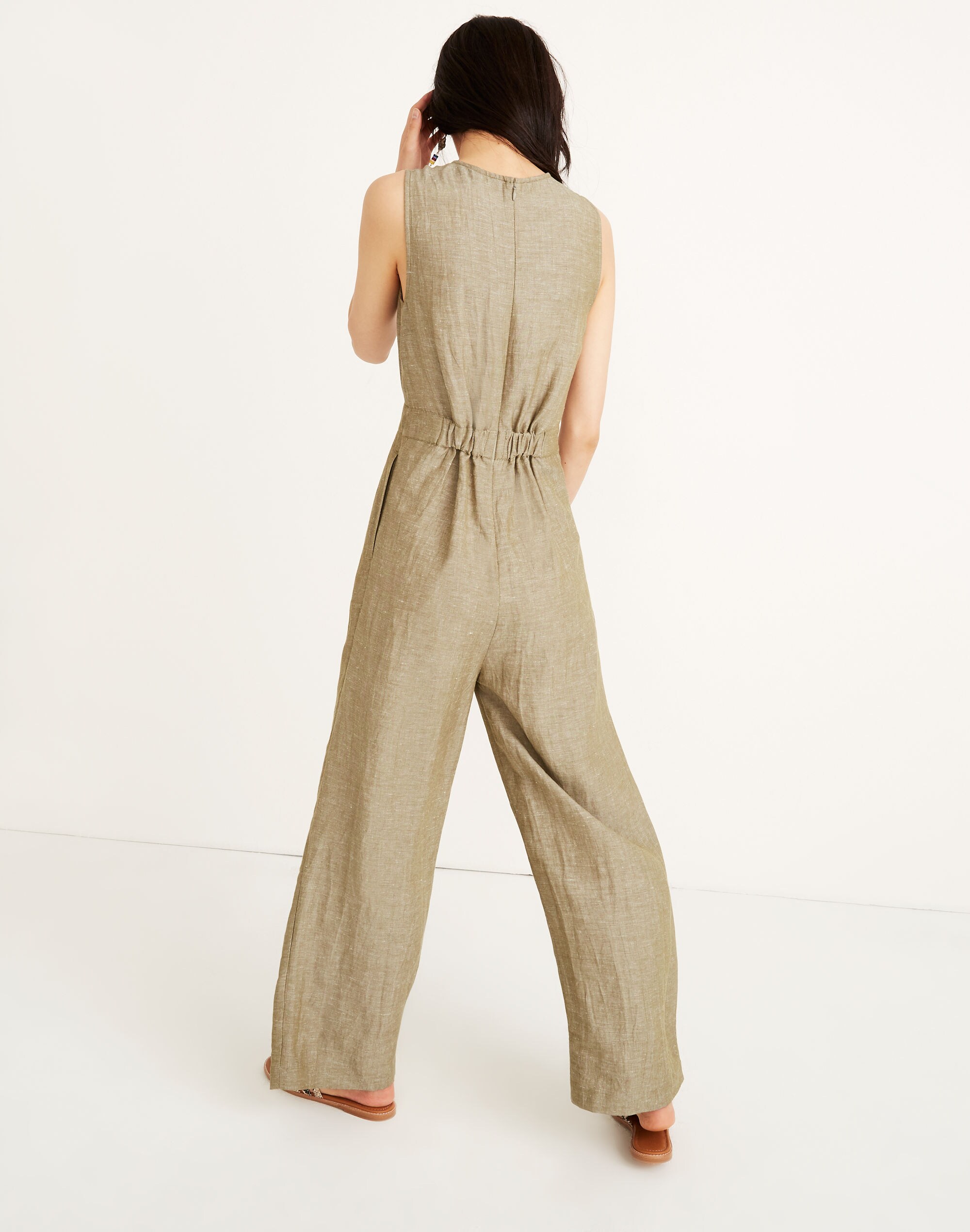 Linen Button-Waist Wide-Leg Jumpsuit