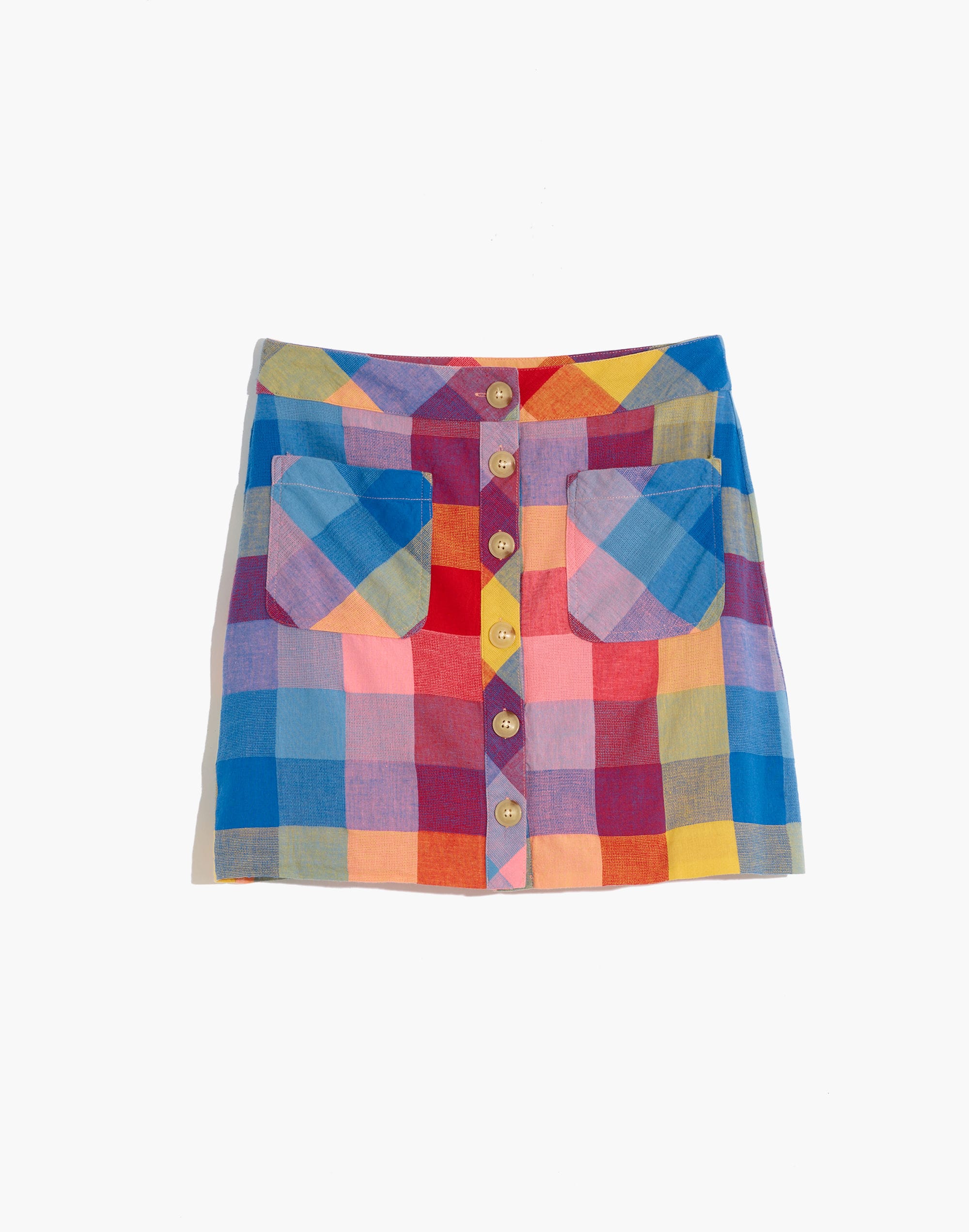 patch pocket mini skirt in rainbow checks