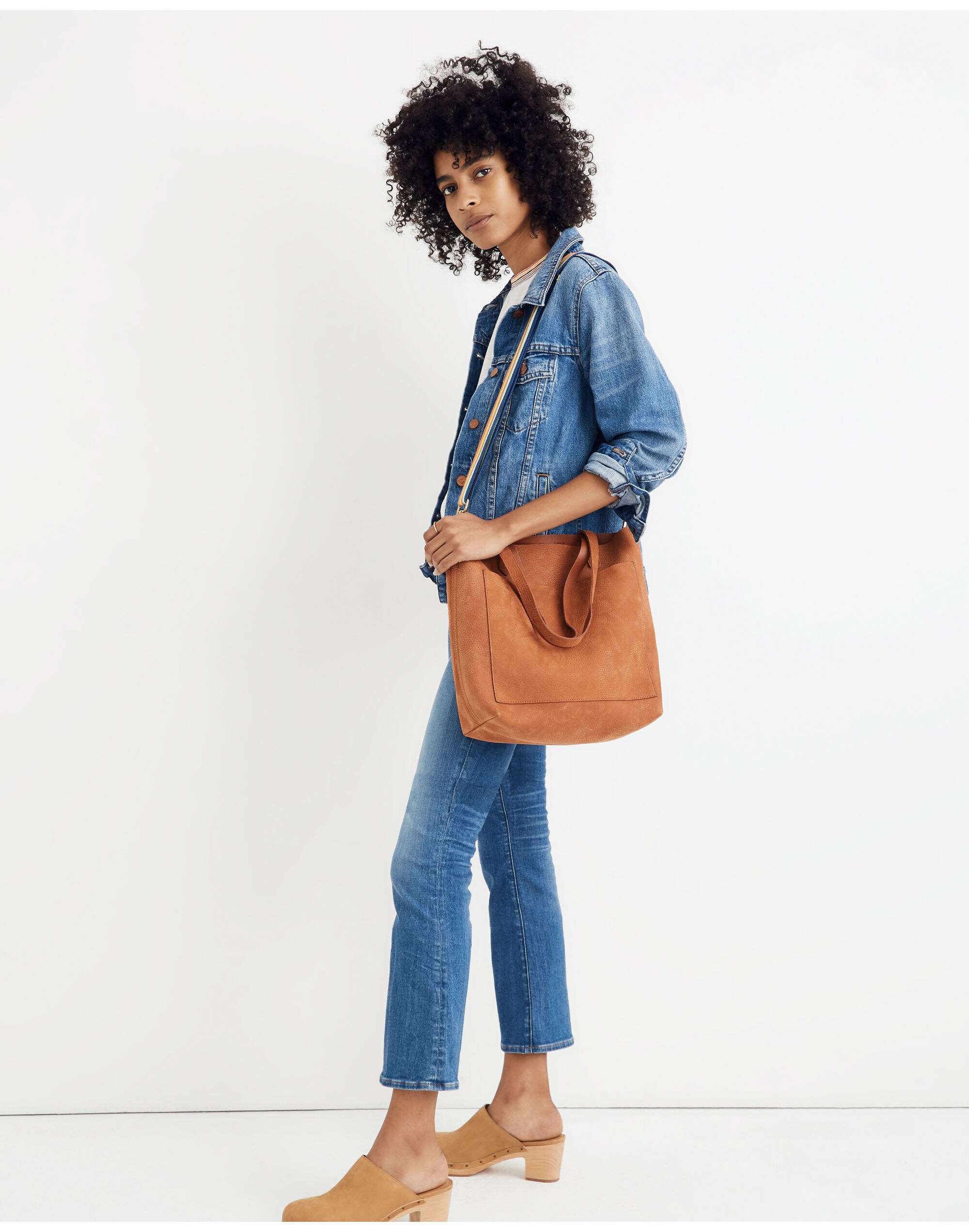 The Medium Transport Tote in Nubuck Leather: Striped Strap Edition