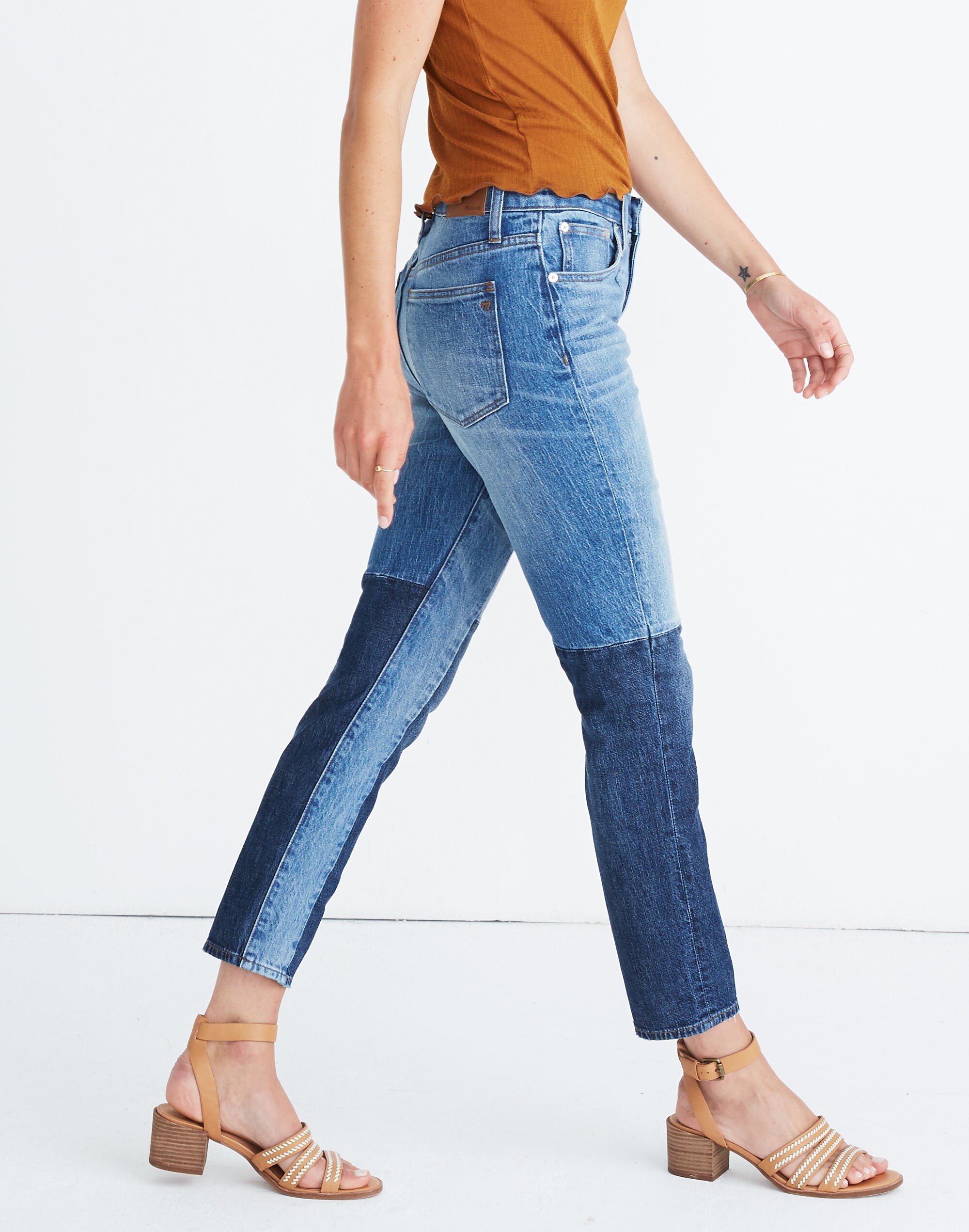 The High-Rise Slim Boyjean in Jenkins Wash: Patchwork Edition
