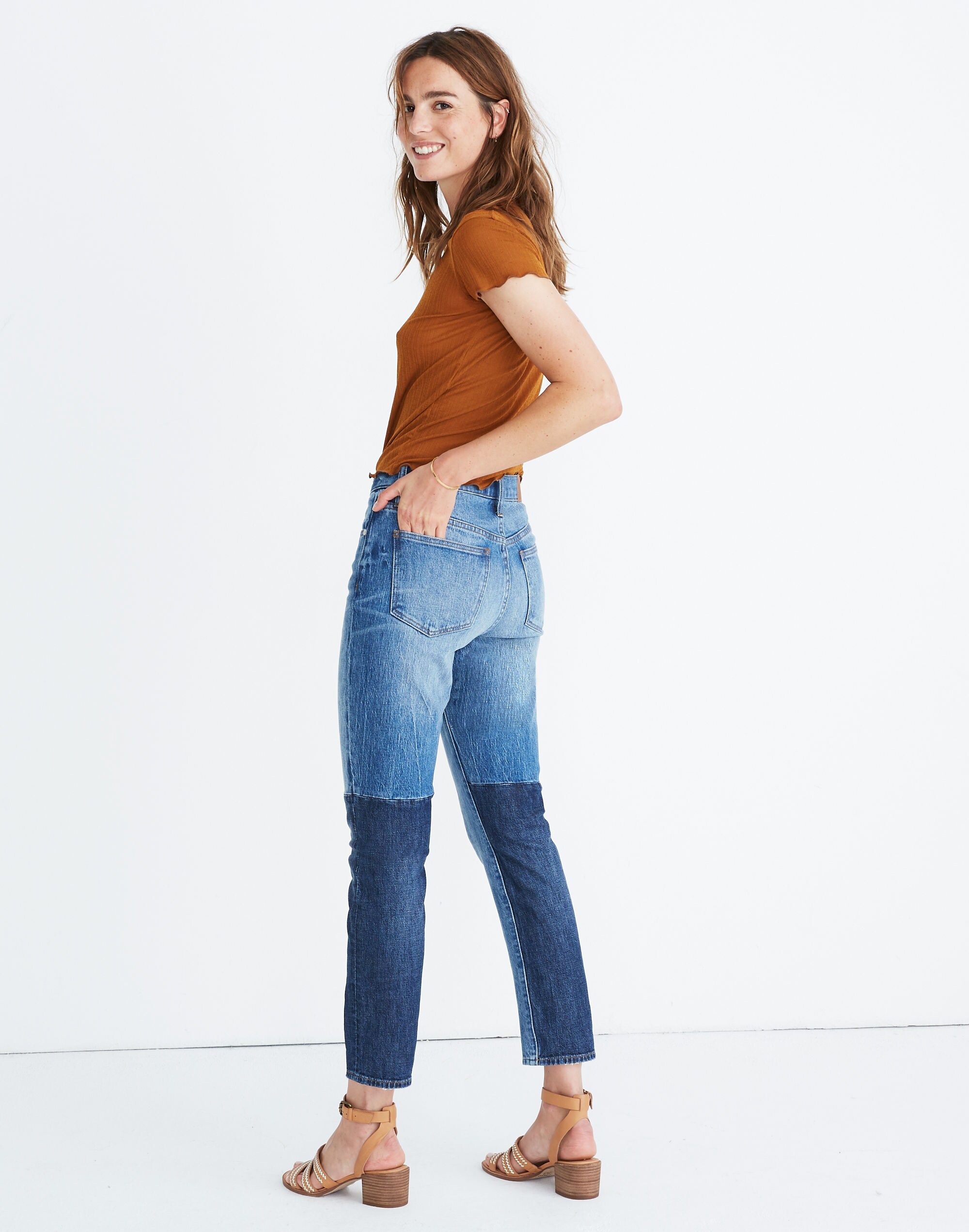 The High-Rise Slim Boyjean in Jenkins Wash: Patchwork Edition