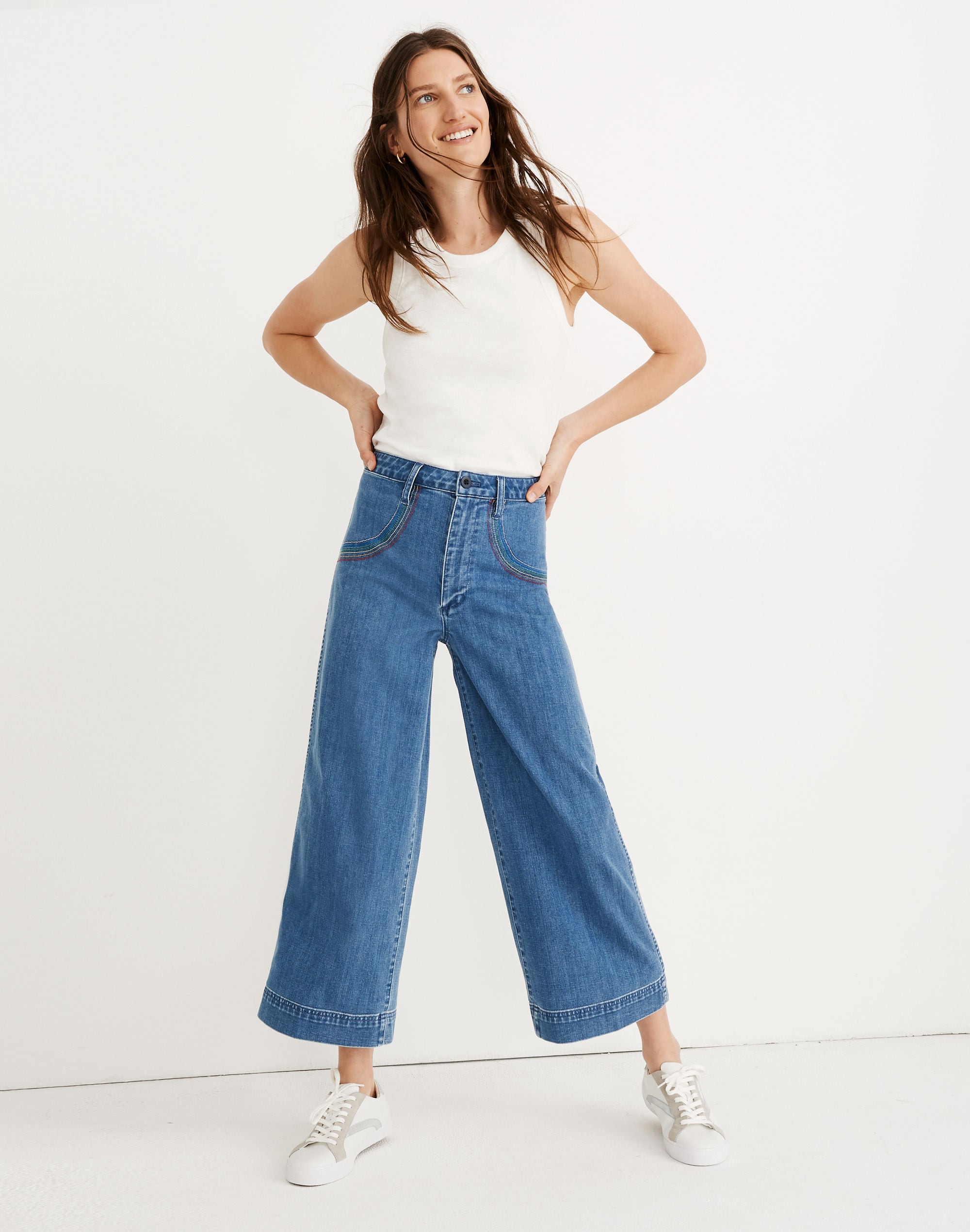 emmett wide-leg crop jeans: rainbow stitched edition