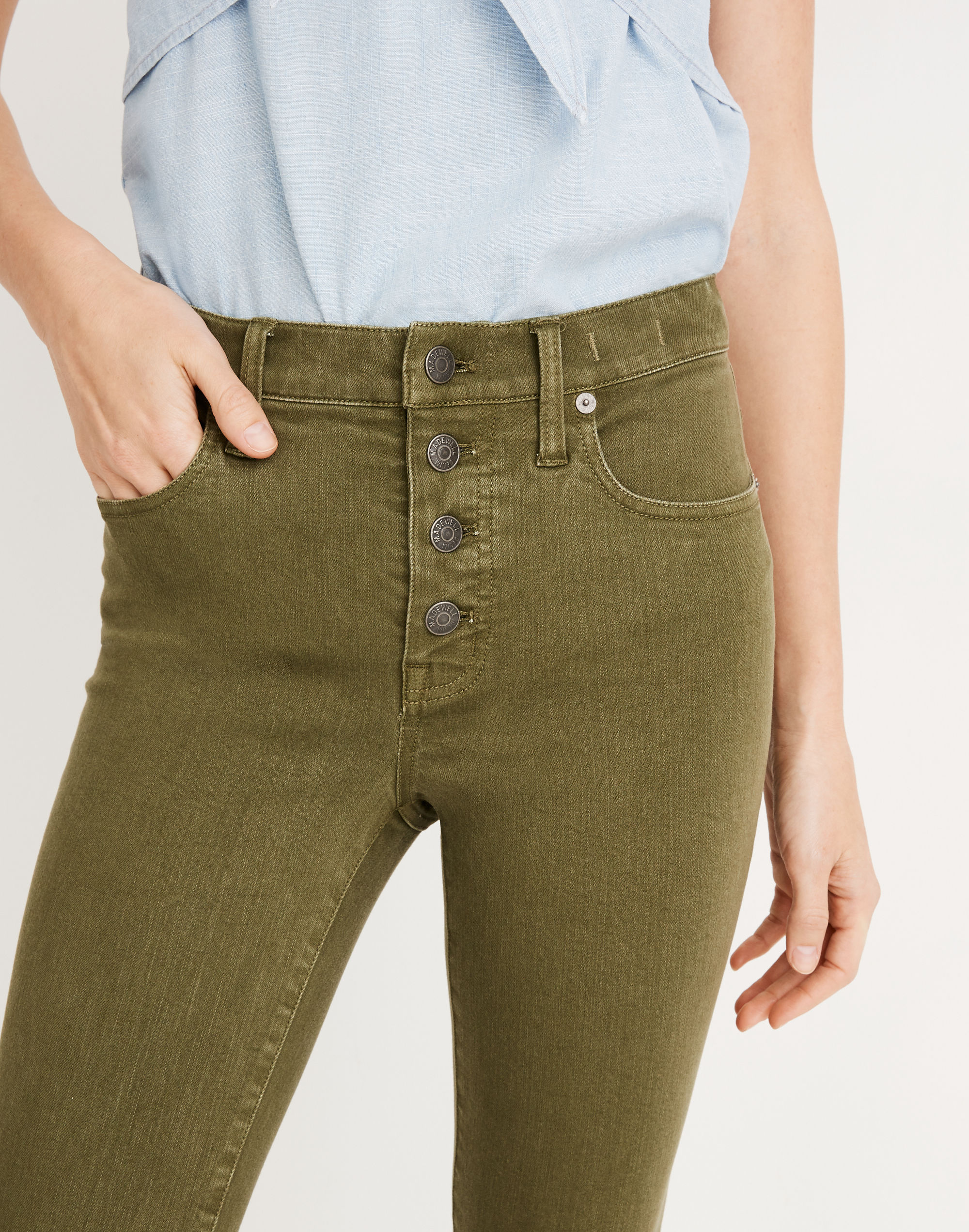 Petite 9" Mid-Rise Skinny Crop Jeans: Garment-Dyed Button-Front Edition