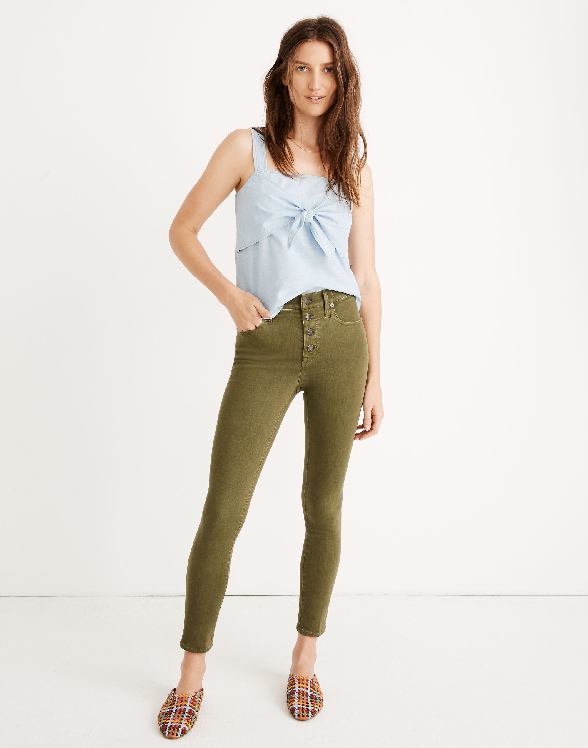 Petite 9" Mid-Rise Skinny Crop Jeans: Garment-Dyed Button-Front Edition