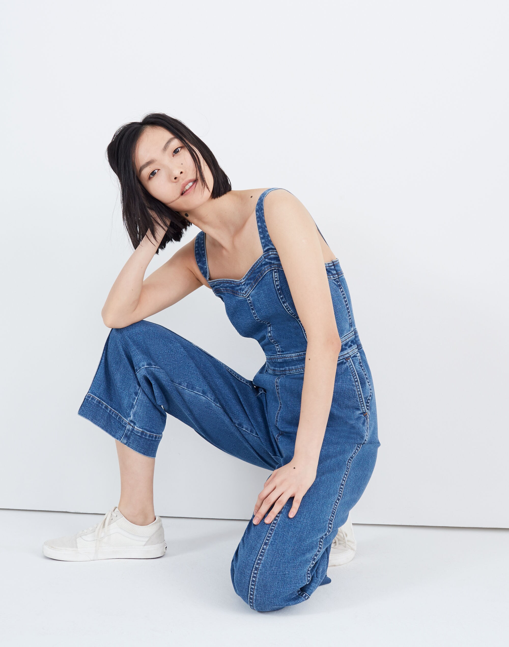 Denim Seamed Wide-Leg Jumpsuit in Saville Wash