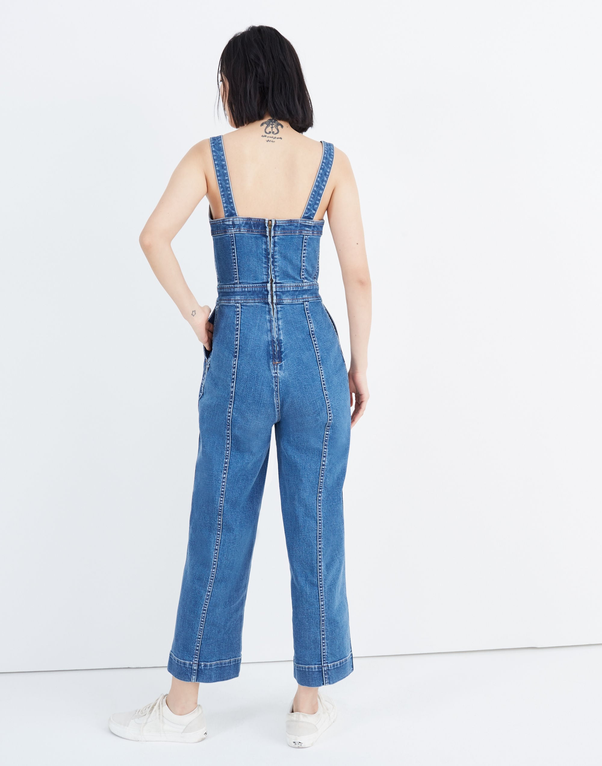 Denim Seamed Wide-Leg Jumpsuit in Saville Wash
