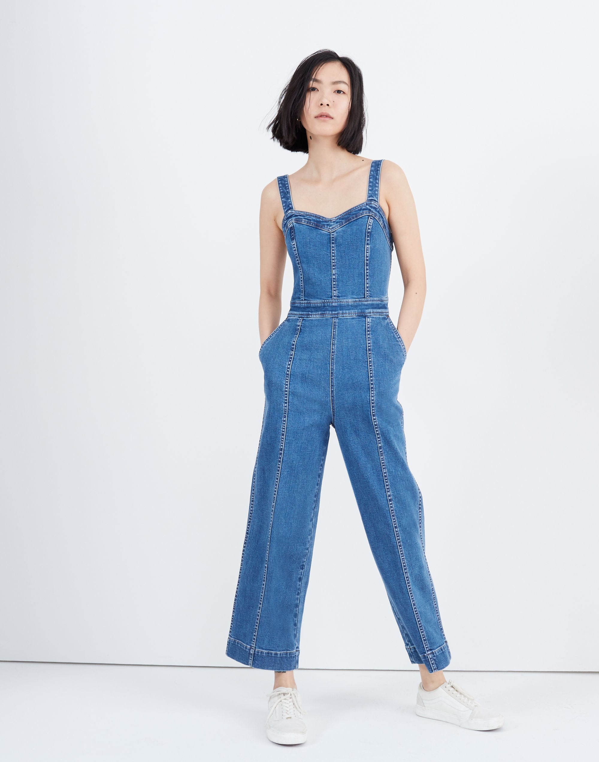 Denim Seamed Wide-Leg Jumpsuit in Saville Wash