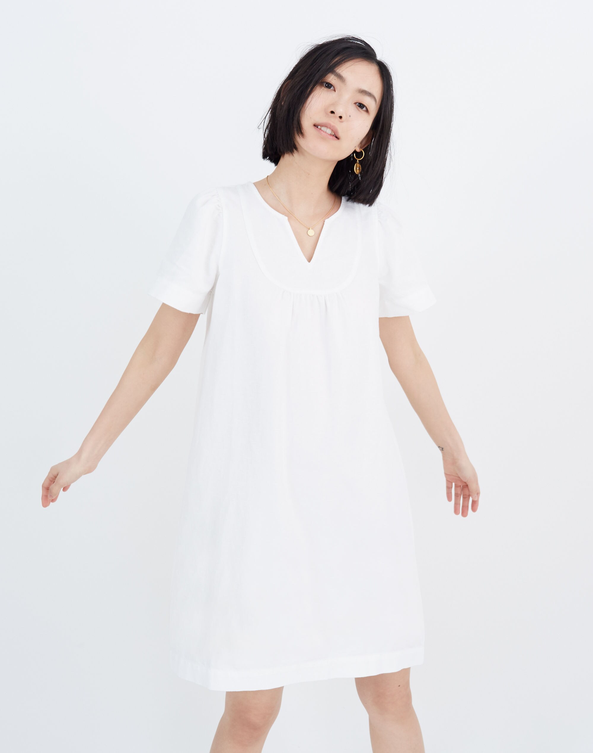 Denim Popover Swing Dress in Pure White