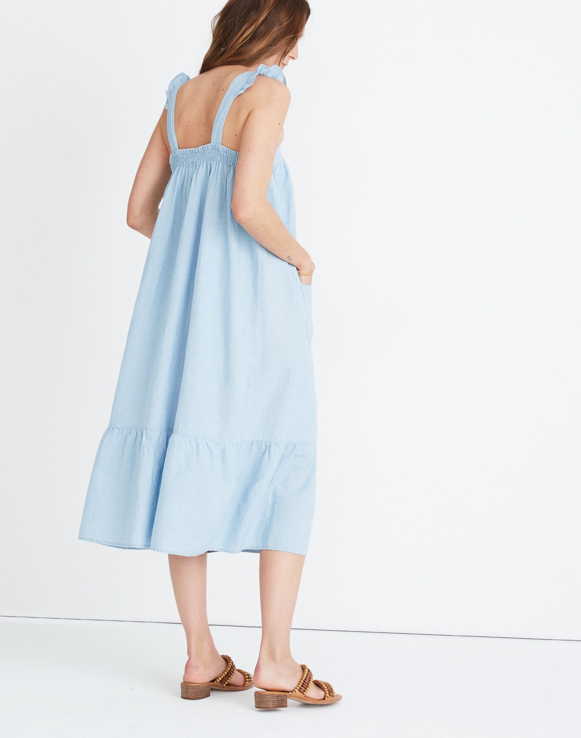 Denim Ruffle-Strap Tiered Maxi Dress