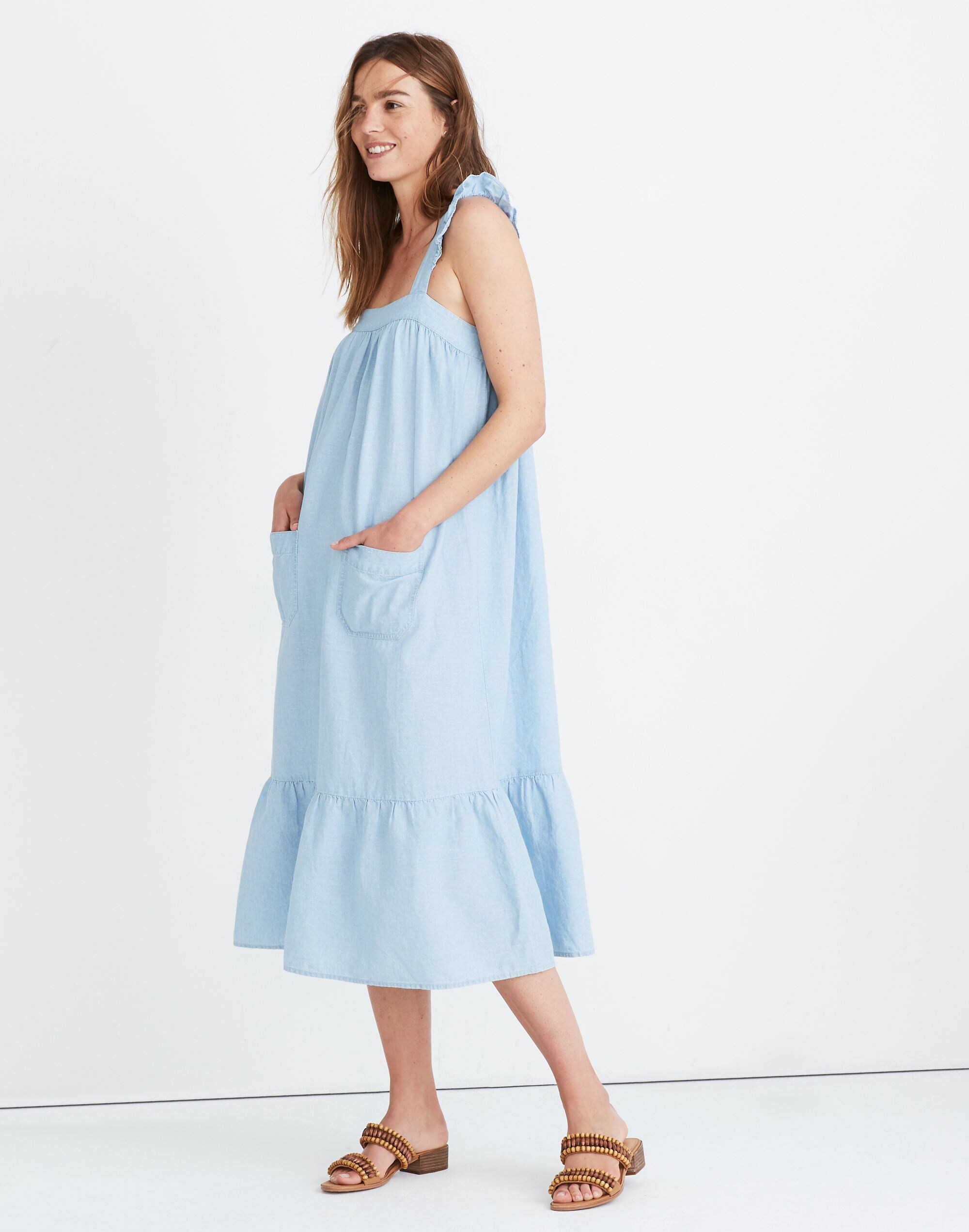 Denim Ruffle-Strap Tiered Maxi Dress