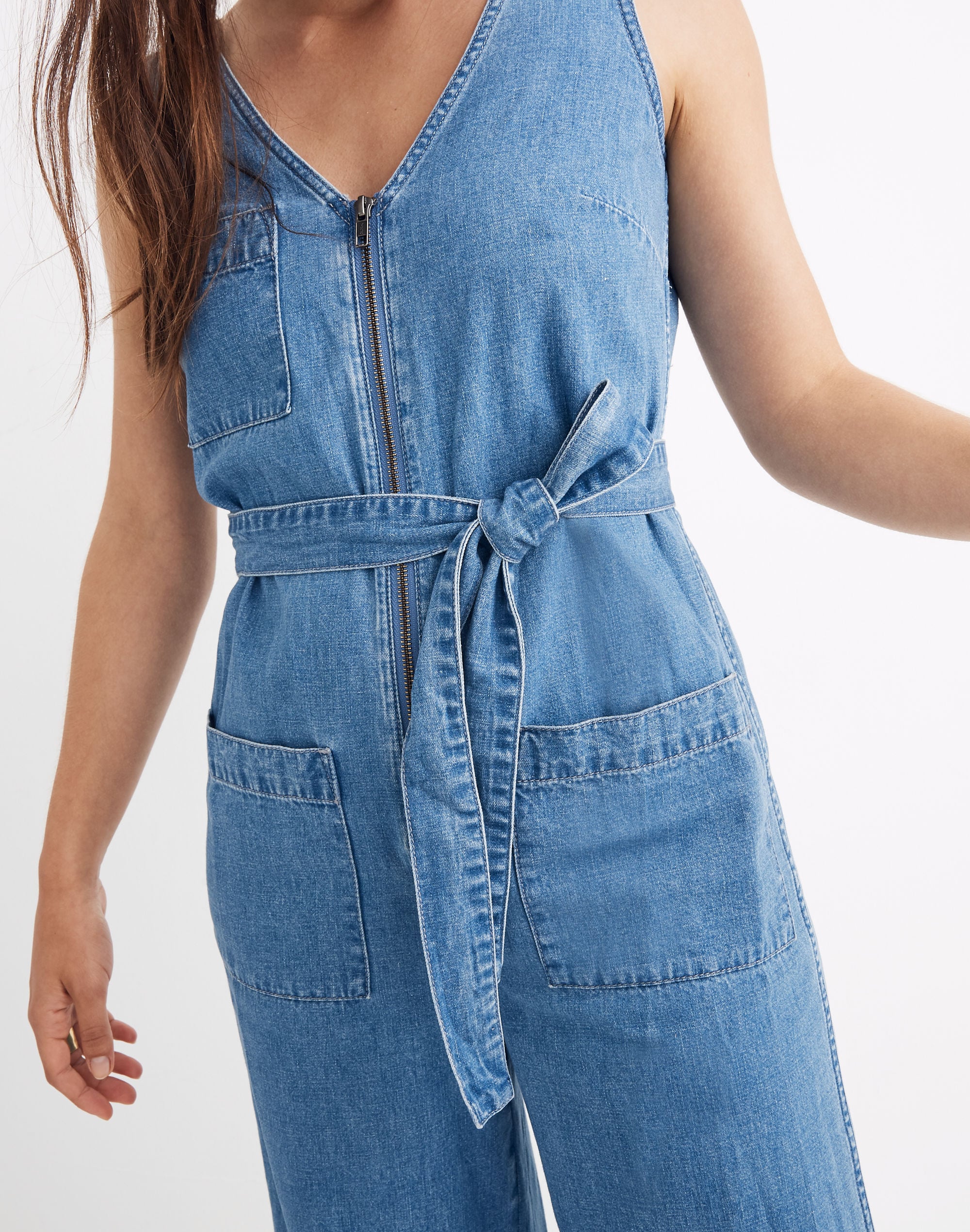 Denim Sleeveless Zip-Front Jumpsuit in Conroy Wash