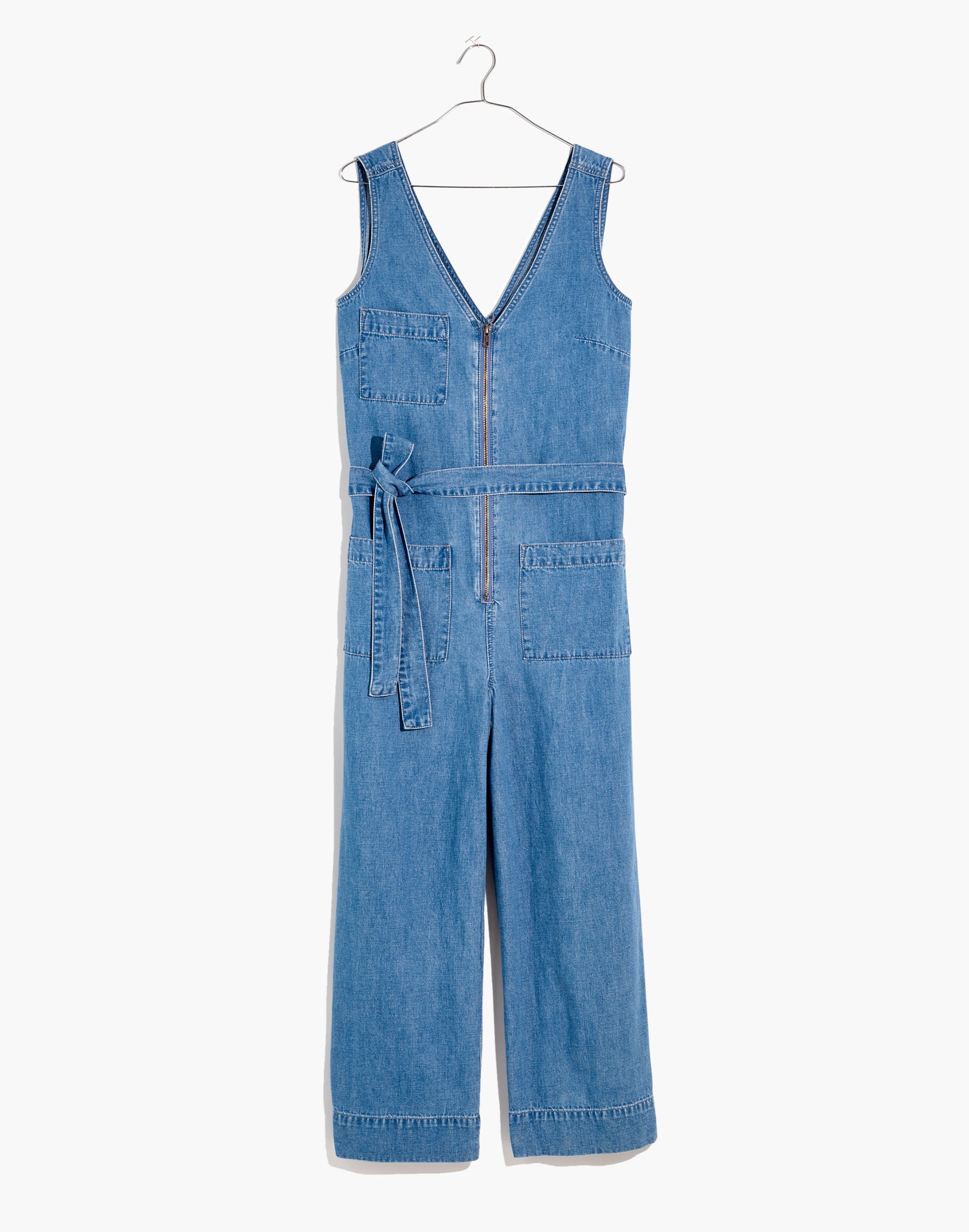 Denim Sleeveless Zip-Front Jumpsuit in Conroy Wash