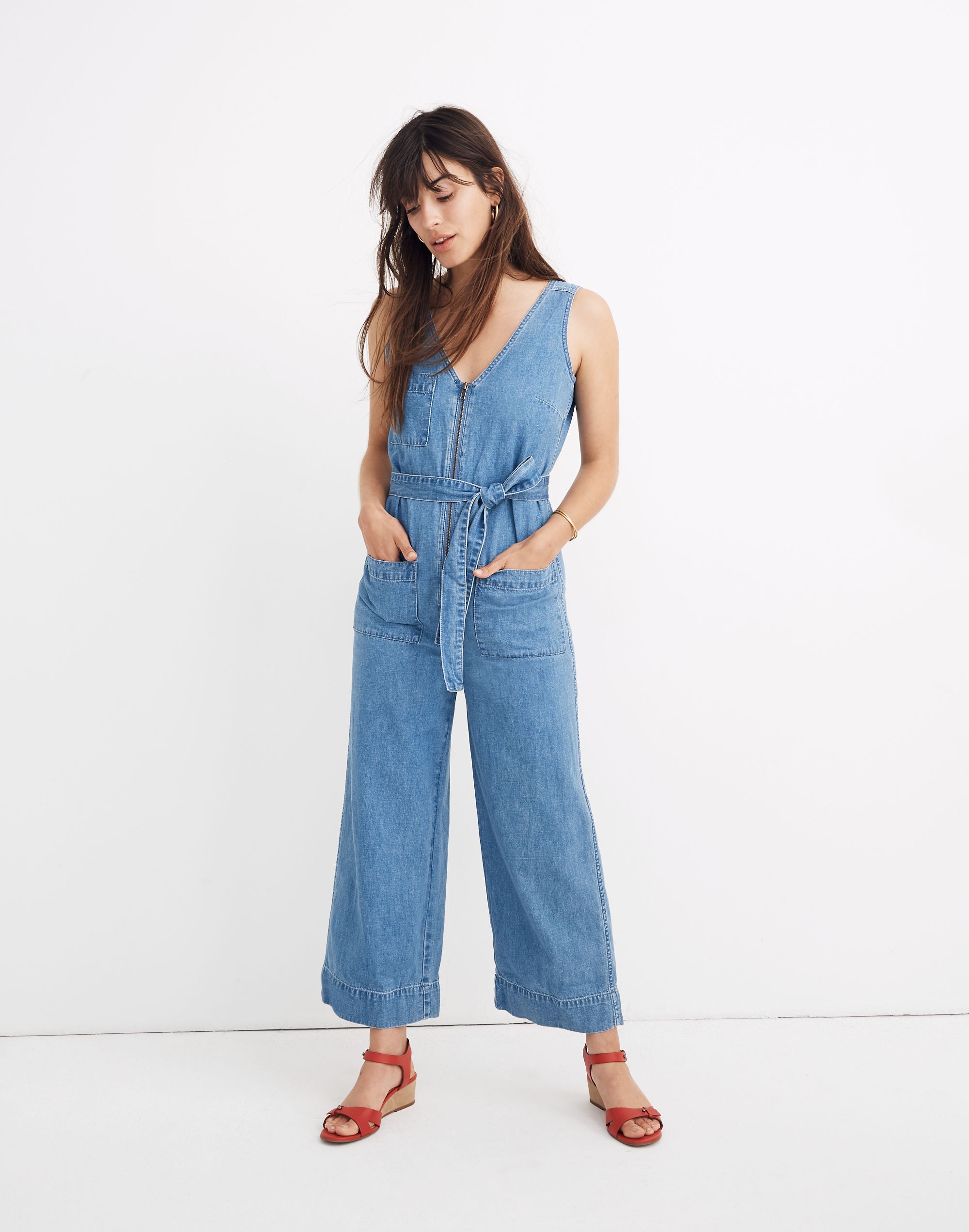 Denim Sleeveless Zip-Front Jumpsuit in Conroy Wash