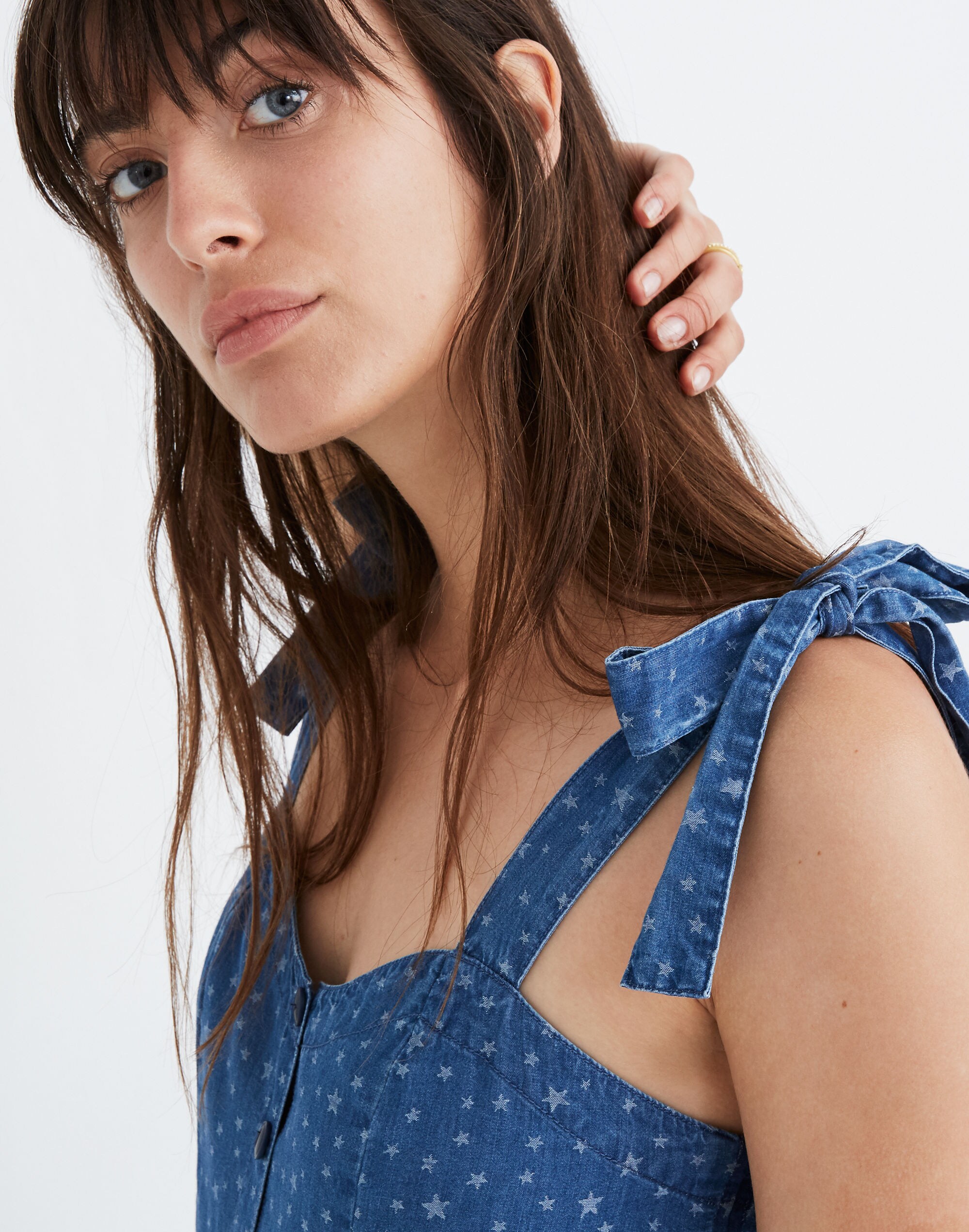 Denim Tie-Strap Button-Front Sundress in Star Jacquard